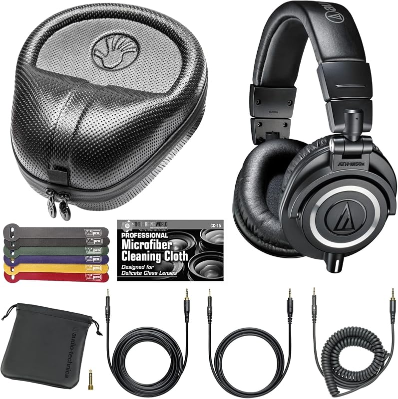 Audio-Technica ATH-M50x Professional Monitor Headphones (Black) + Slappa Full Sized HardBody PRO Headphone Case (SL-HP-07) + Bundle