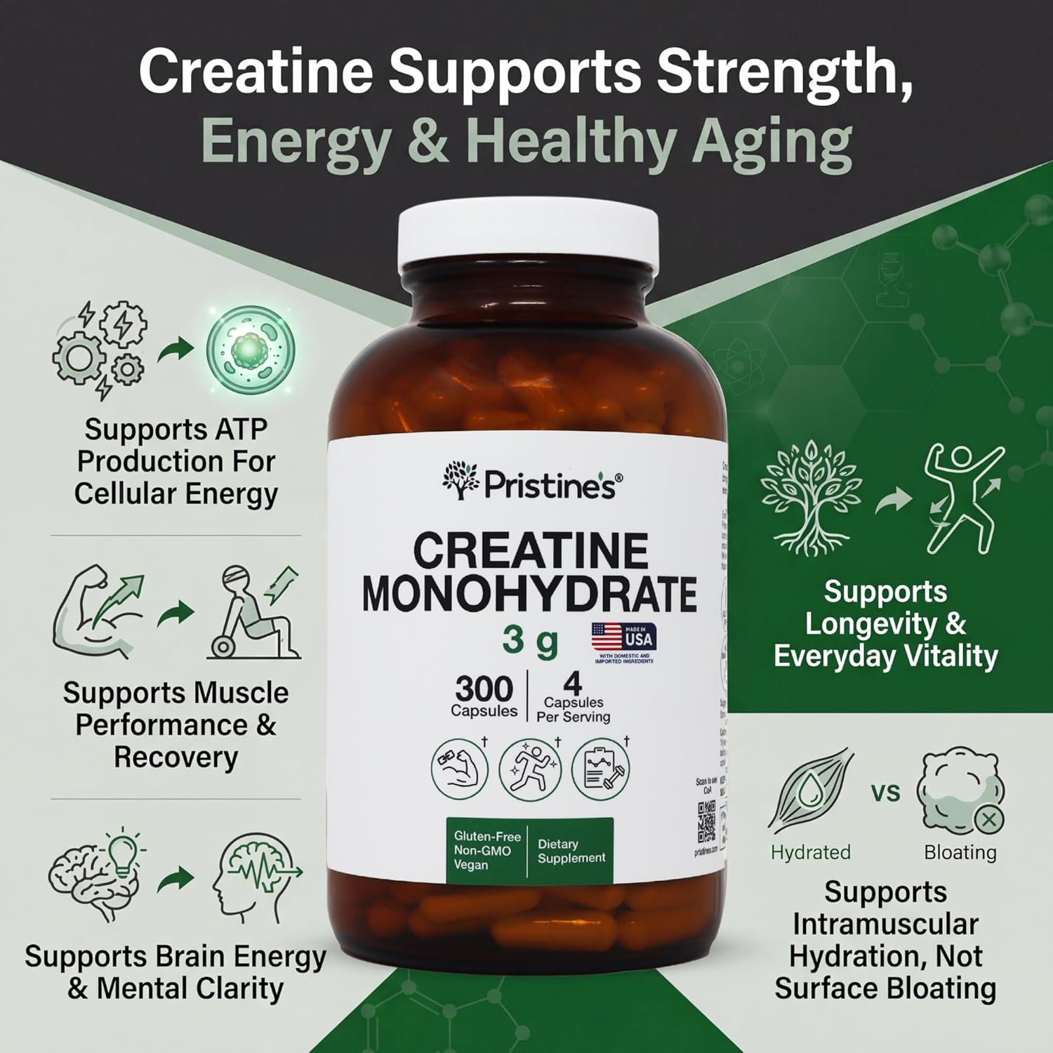 PRISTINE'S Creatine Monohydrate Capsules for Women & Men - NSF Certified 75 Day Supply 3G Creatine Pills for Women - Cognitive & Athletic Performance Support - Enhanced Recovery Glass Bottle