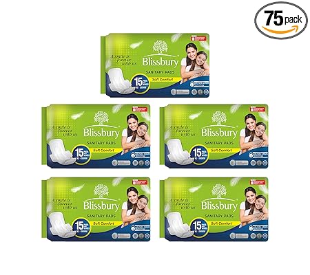 Blissbury Sanitary Pads Dry Net Large Super Absorbent For Women With Wings ( Five Family Packs Size -XL ), 75 Pads (FREE Biodegradable Disposable Bag)