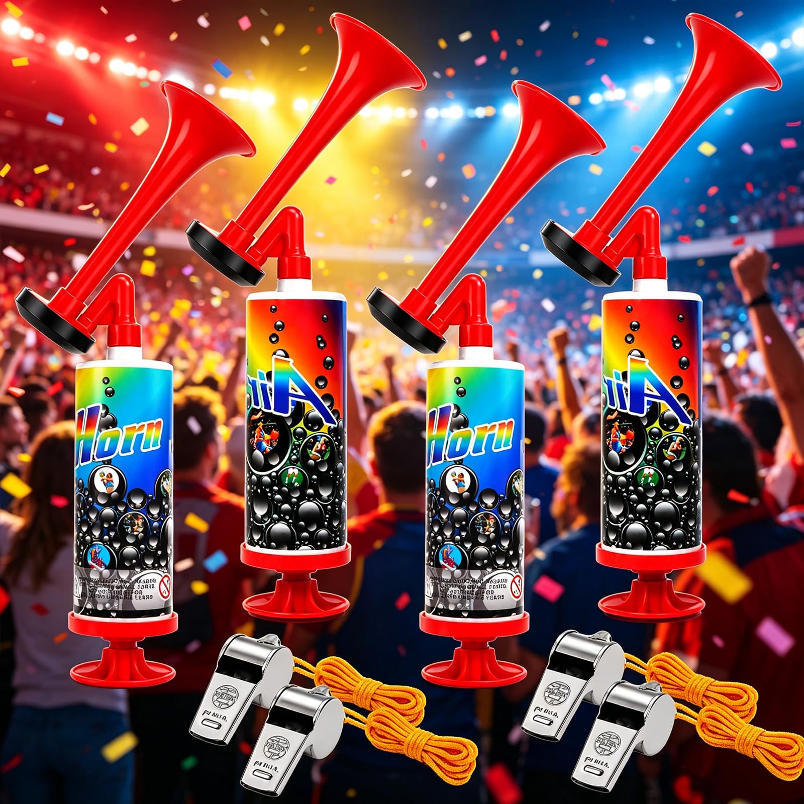 Photo 1 of 4 Pack Air Horn with 4 Metal Whistles, HandHeld Air Horn Loud Noise Maker Reusable Pump Blow Horn Loud Noise Maker Safety Horn for Boating Graduation Sports Events Birthday Party
