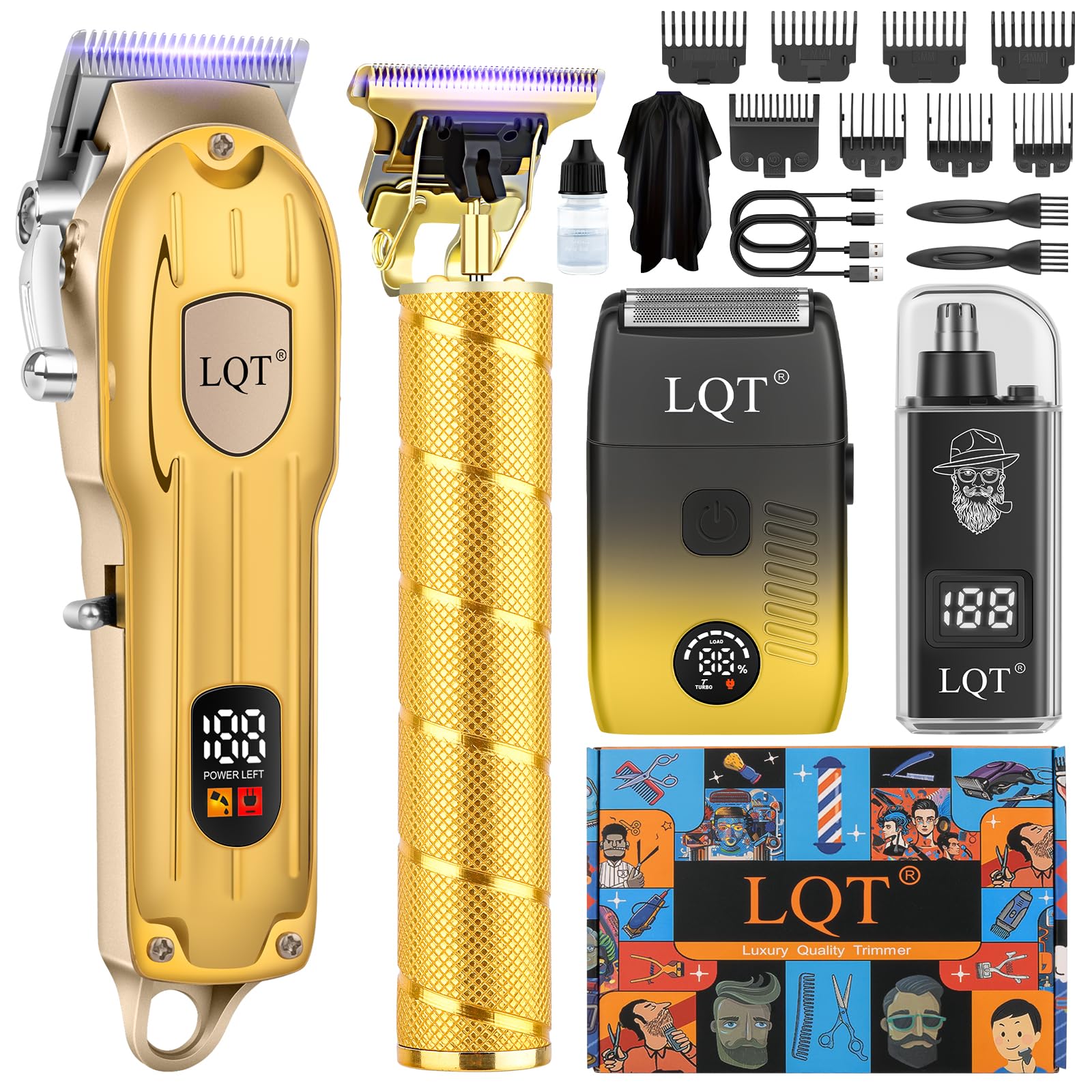 Tagliacapelli da uomo con display a LED, kit di toelettatura senza fili da 4 pezzi con tagliacapelli, regolabarba, rasoio per lamina e taglianaso, set completo per barbiere domestico (oro)