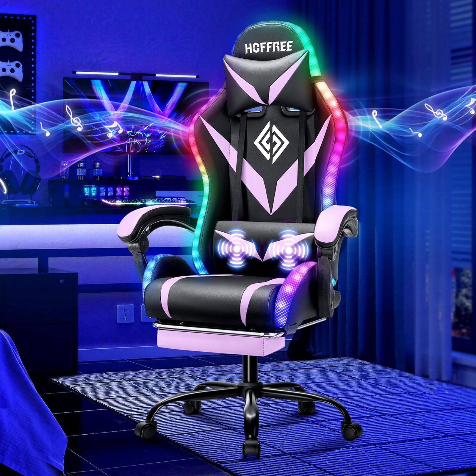 Hoffree LED Gaming Chair with Speakers RGB Lights Massage Computer Chairs-Purple