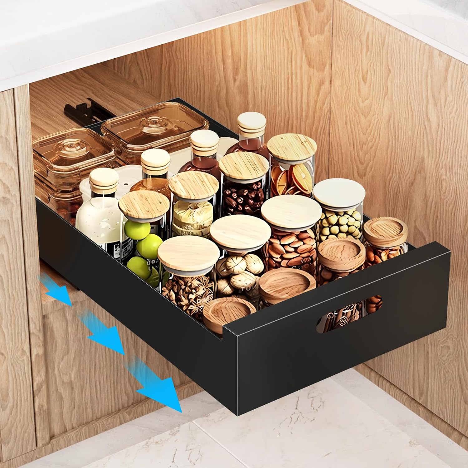 Likiyol 1 Pack Pull Out Cabinet Organizer, Pull Out Drawers for Cabinets Adhesive Slide Out Drawers for Kitchen Cabinets, Cabinet Pull Out Shelves for Kitchen, Pantry, 16.9"D x 12"W x 3.1"H, Black Black (1 Pack) 12'' Width