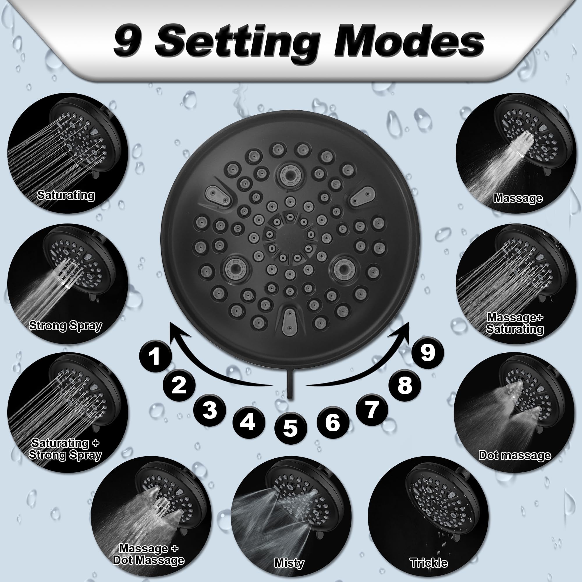 Jeriussg 6 Inch Shower Head With Filter - 9 Spray Modes, 2.5 GPM, Hard Water Filtering