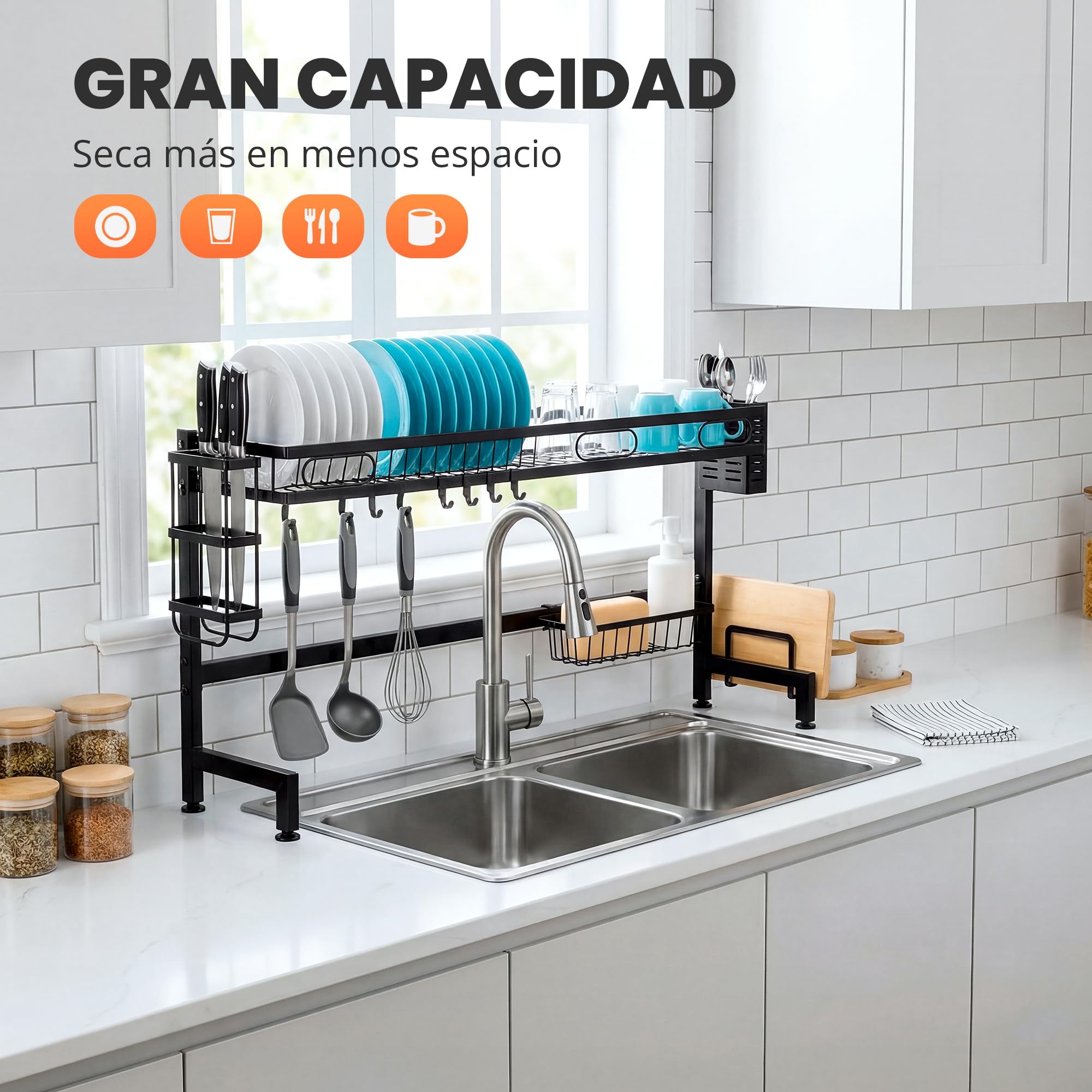 JUPPLIES Escurreplatos sobre Fregadero 2 Niveles 85x30x52,5cm – Escurridor de Platos de Acero Inoxidable con Soporte para Cubiertos, Tabla de Cortar y Ganchos – Escurre Platos Antideslizante Negro