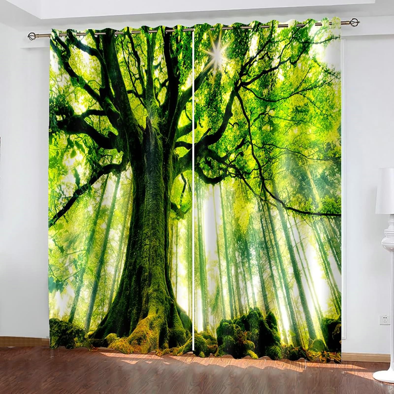 Gardinen Verdunkelung 2er Set 132x244CM, Vorhänge Blickdicht Fenster Natur Grün Bäume und Sonnenschein Verdunklungsvorhänge mit Ösen Jugendzimmer