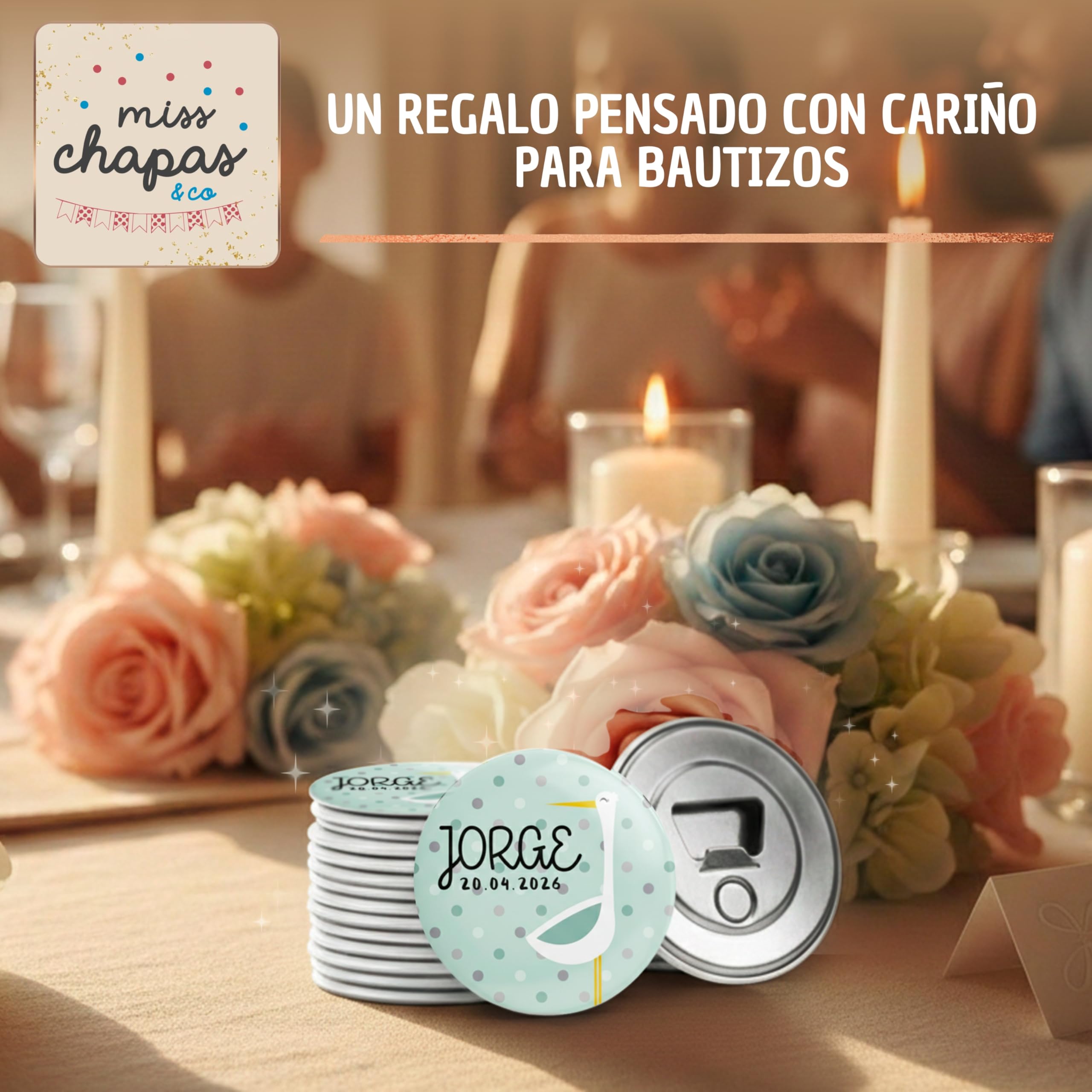 Pack 20 Abridores Magnéticos Personalizados Bautizo Cigüeña Verde Mint – Detalle Invitados Bautismo Bebé Niño | Recuerdo Original y Útil | Presentación Individual Lista para Regalar