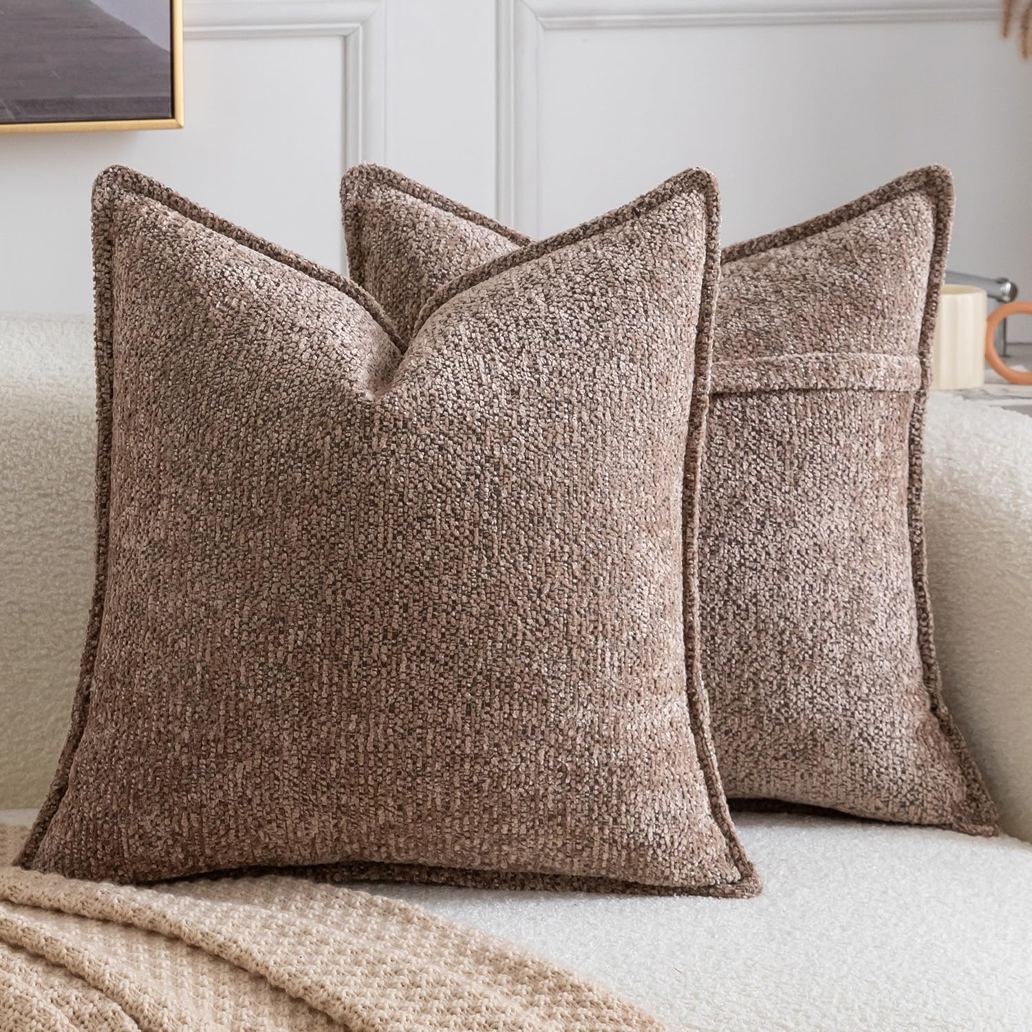 Madizz Pack of 2 Decorative Cushion Covers Boho Soft Textured Chenille Throw Pillows Solid Pillow Covers for Couch Sofa Bedroom Living Room 50x50 CM, Brown