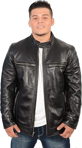 Milwaukee Leather SFM1800 - Chaqueta de piel de cordero negra 'Café Racer' para hombre, Negro