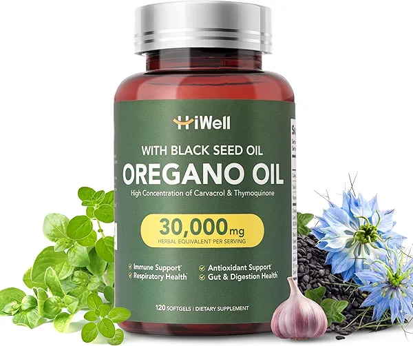 HiWell Oil of Oregano with Black Seed Oil 4 in 1 Herbal Formulated with Garlic Extract & Vitamin D3, Highly Strength Natural Planted Immune Defenses & Antioxidant Supplement for Full-Body, 120 Counts