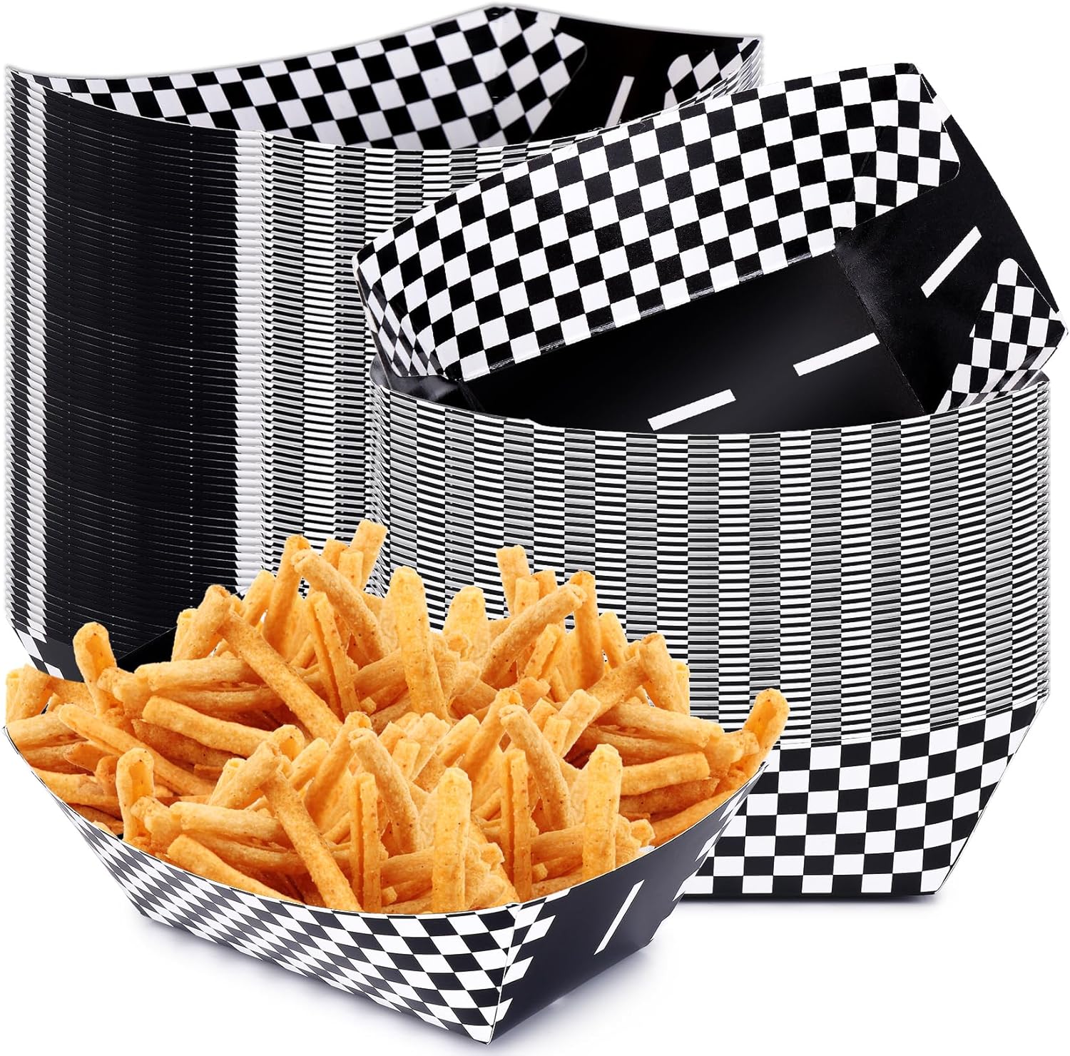 100 Pcs Racing Car Paper Food Boats Checker Nacho Trays Disposable Racing Party Food Boat Black and White Plaid Food Serving Tray for Racing Theme Birthday Party Popcorn Nacho Snack Hot Dog