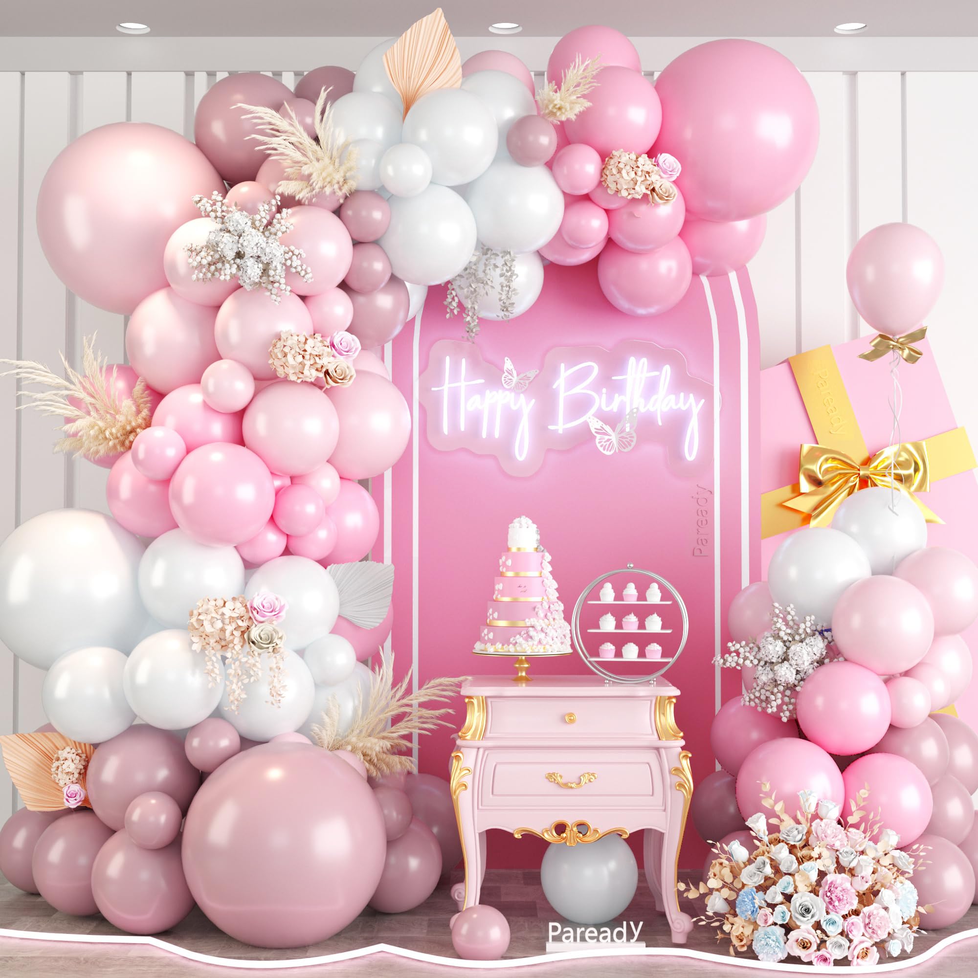 Pink Balloon Arch Kit, 120pcs Pink and White Balloon Garland Kit, Pink and White Balloons For Girl Woman Birthday Mother's Day Coquette Party Wedding Bridal Shower Bachelorette Graduation Decorations