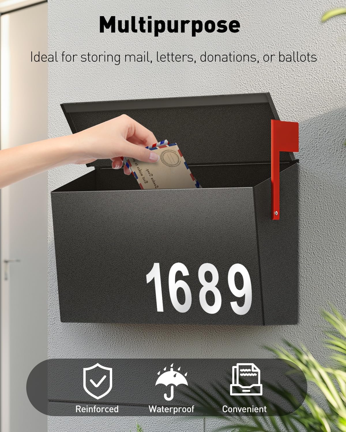 Uniclife Mailboxes for Outside, Wall Mount Mailbox with Flag and Mailbox Number Stickers, Large Metal Mail Box for House, Modern Post Box for Outdoor Office Home, (No Locking Mechanism)