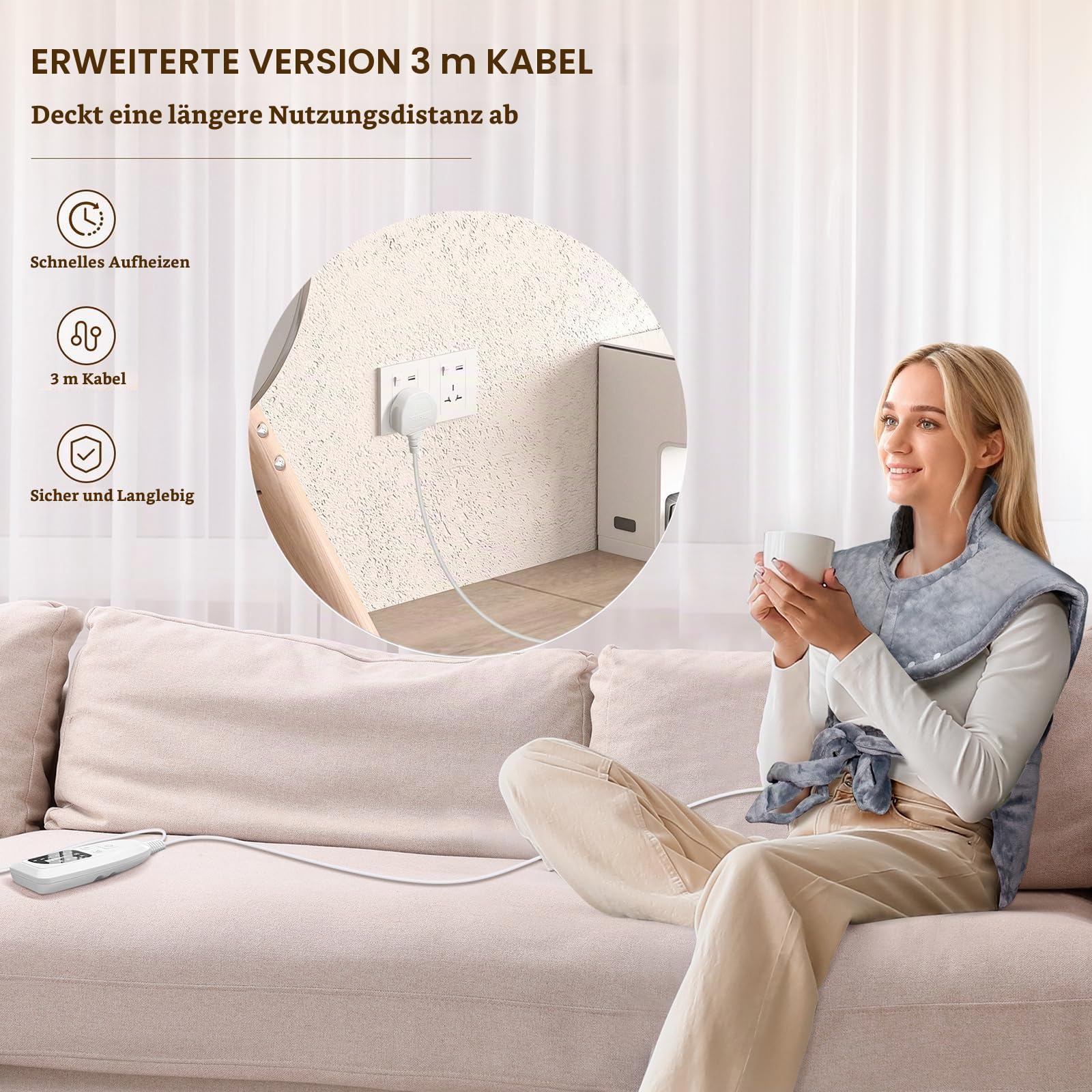 NALONE Heizkissen,Heizkissen mit Abschaltautomatik für Rücken 63x100cm,10ft Extra Long Cord, 6 Temperaturstufen, 4 Timer Setting, Flanellmaterial, Waschbar Wärmekissen (grau)