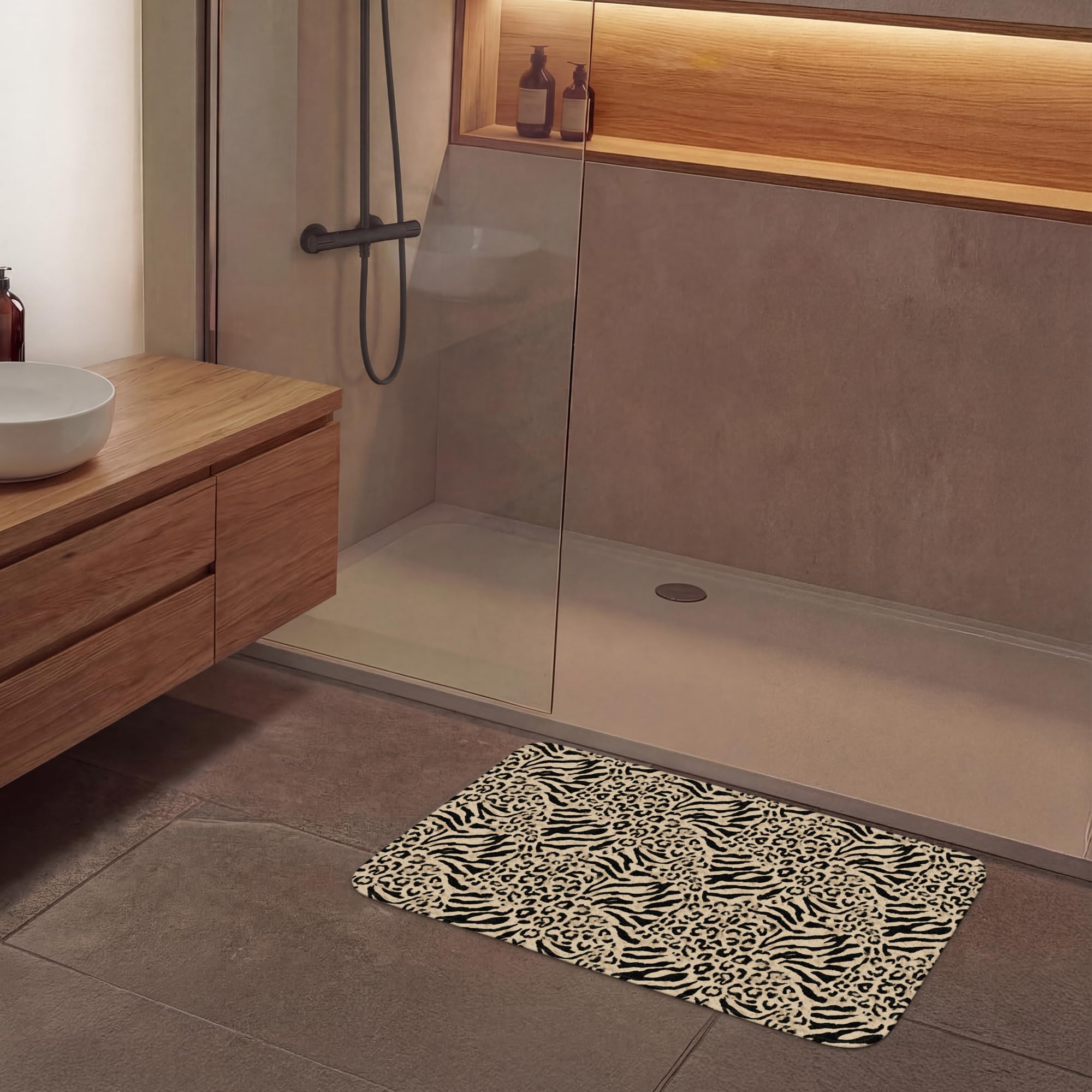 Badematte rutschfest Deko Badezimmer Memoryschaum Badematten | 90x60 cm - Rechteckig - Vorleger Mit Ausschnitt Duschvorleger Waschbar Giraffe - Zebra - Motiv - Braun