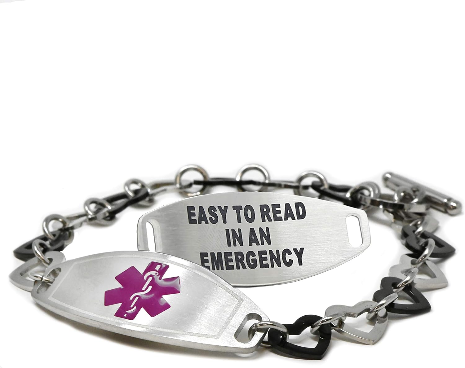 Medical Bracelet for Women with Free Engraving, Stainless Steel Personalized Medic ID Custom Sized Black Heart Chain