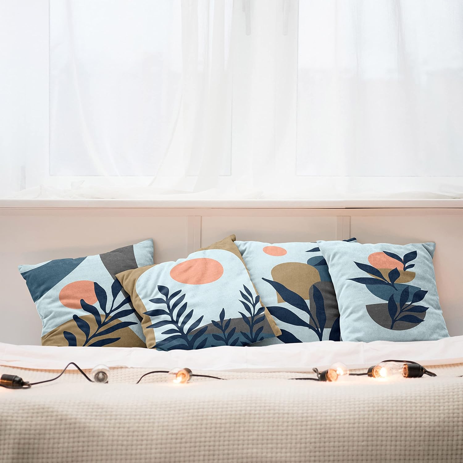 Ambesonne Minimal Throw Pillow Cushion Case Pack of 4, Modern Style Leaf Branch and Geometric Abstract Details Contemporary, Modern Accent Double-Sided Digital Printing, 18", Soft Blue Grey and Fawn