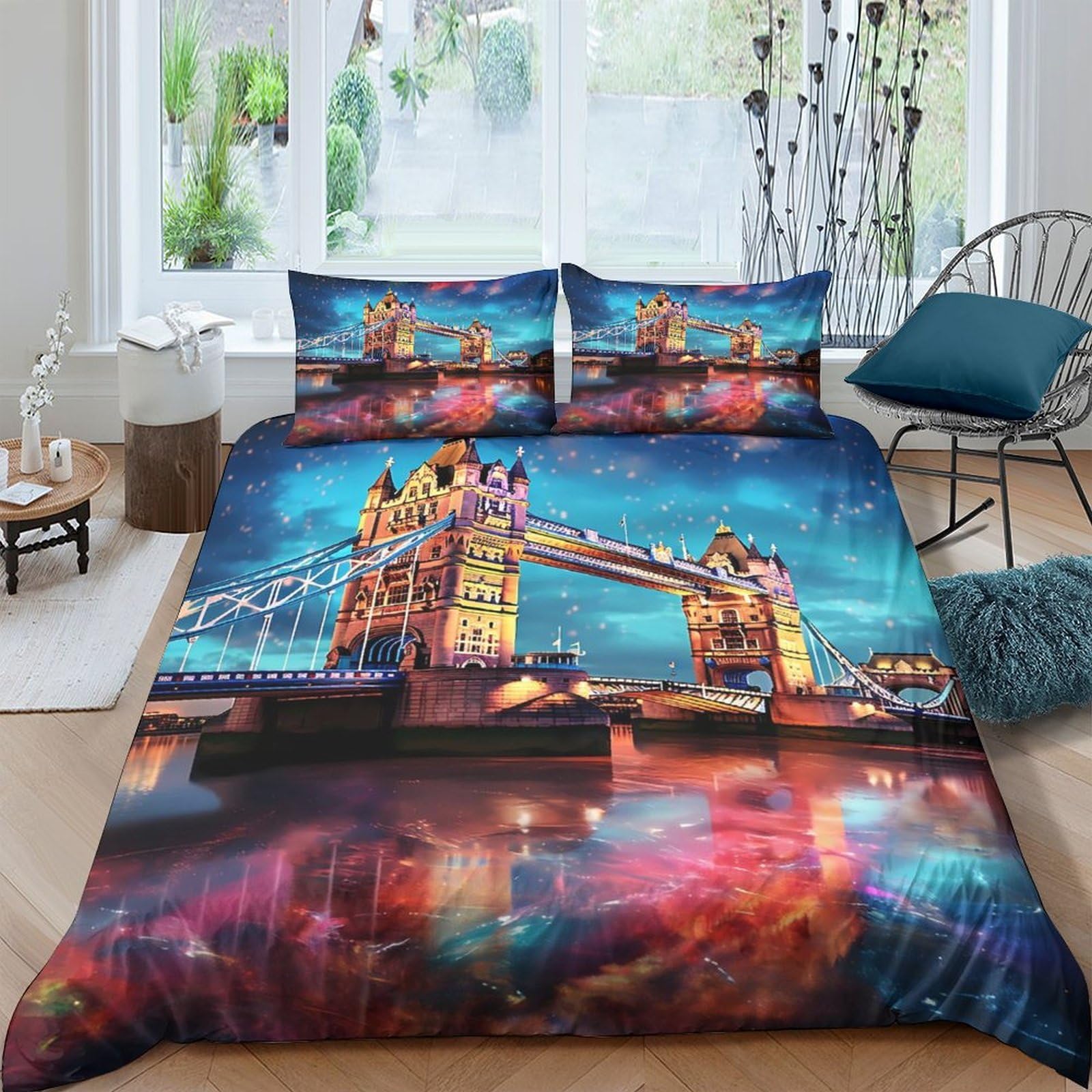 Ctjqhvkz Style-7 3D Printed London Tower Bridge Fitted Sheet Microfiber Vibrant Night City Mattress Cover For Bedroom Decor Single（135X200cm）
