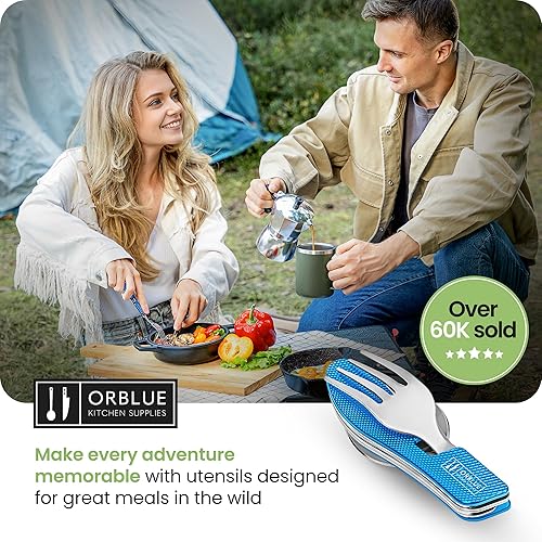 Vista 31 de Orblue Utensilios de comida 4 en 1, paquete de 2 – Cuchara portátil, tenedor, cuchillo y abridor de botellas – Cubiertos de acero inoxidable