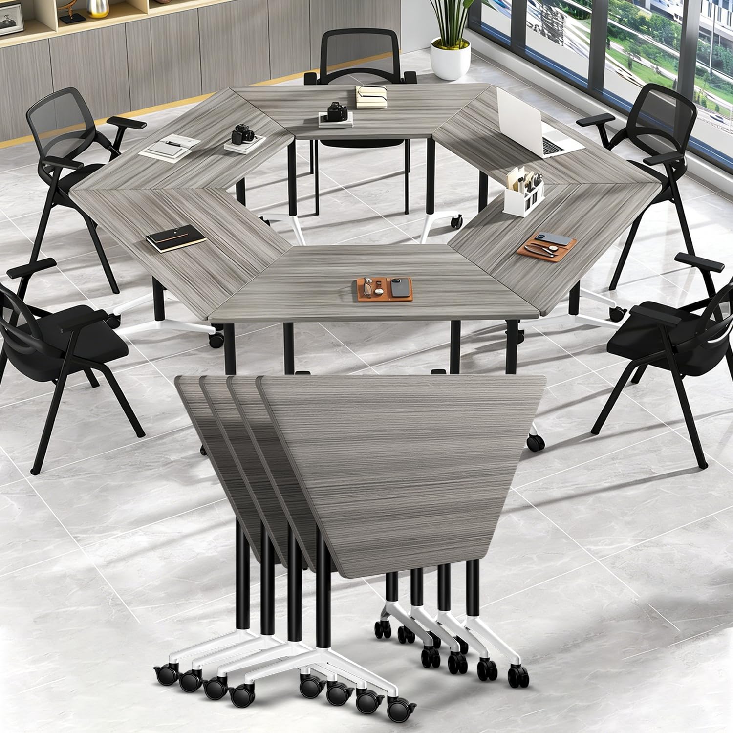 Folding Conference Tables,Flip Top Conference Room Table Mobile Training Tables for 8-10 People,Meeting Table with Silent Wheels for Office Seminar Classroom Tables (4,Elm Trapezoid,47.2in)