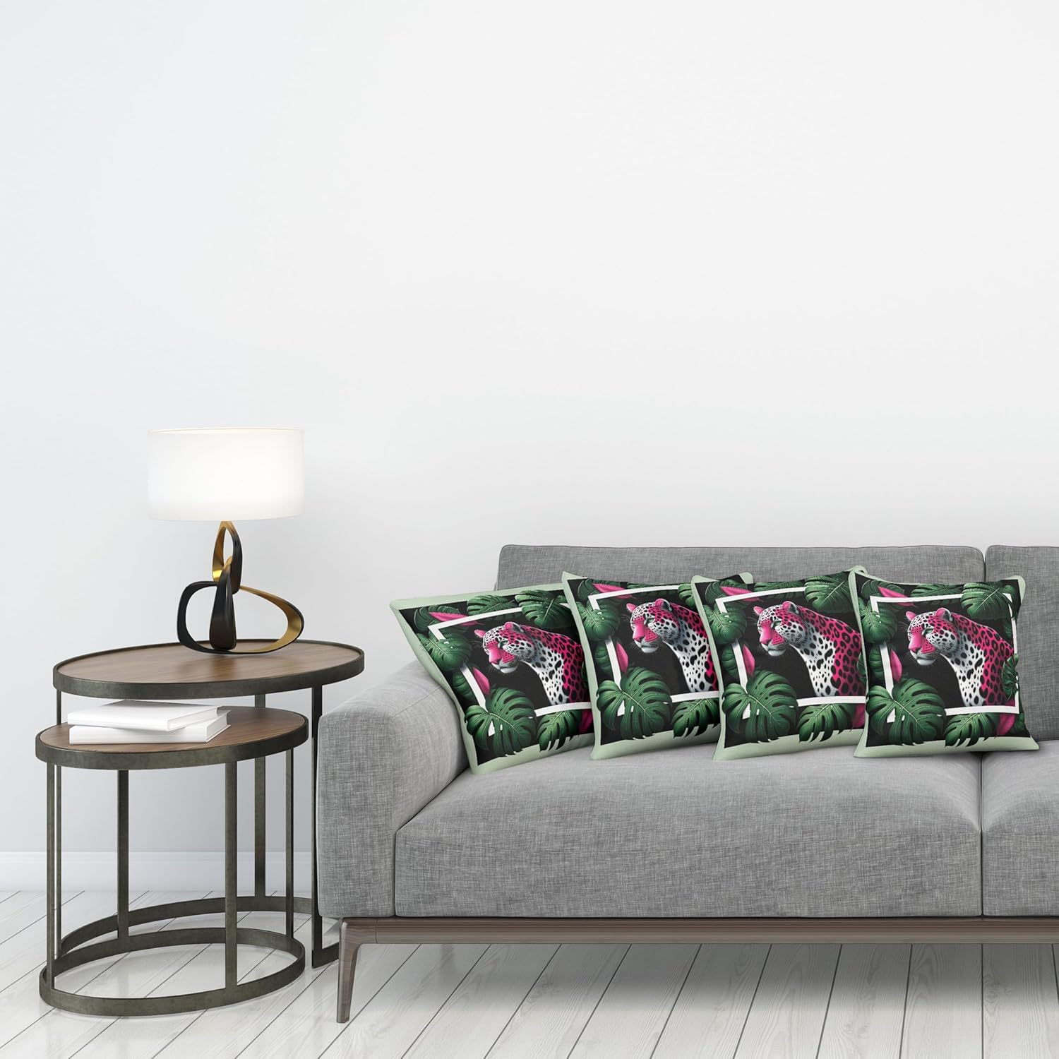 Ambesonne Leopard Decorative Throw Pillow Case Pack of 4, Tropical Jungle Frame of Abstract Colored Wild Cat Monstera Leaves, Cushion Cover for Couch Living Room Car, 20", Emerald Magenta and Black