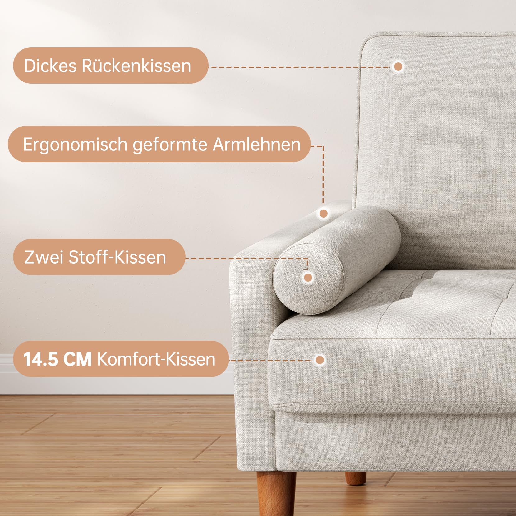 Vesgantti Sofa 2-Sitzer, 121 cm, Stoffcouch, Beigegrau, Couch 2 Sitzer mit 2 Wurfkissen, Kleine Stoffcouch mit Armlehne, Knöpfe Sitzkissen Gästesofa für Wohnzimmer/Wohnung/Büro