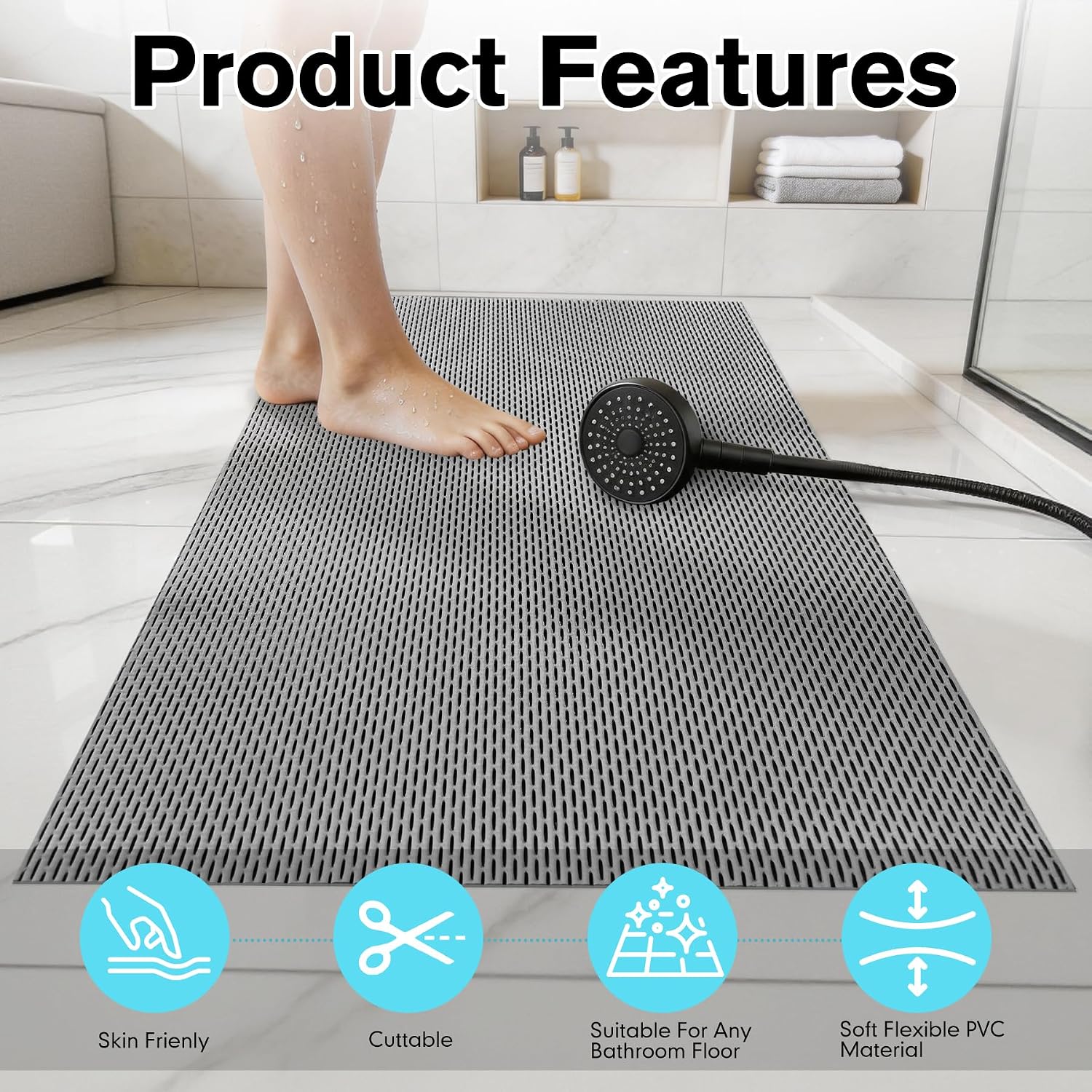 Extra Large Non-Slip Shower Mat, 58.26" x 31.49" Bathroom Shower Mat, Fast-Dry Drainage Hole PVC Bath Tub Mat, Anti Slip Bathroom Safety Accessory for Elderly/Kids, Gray