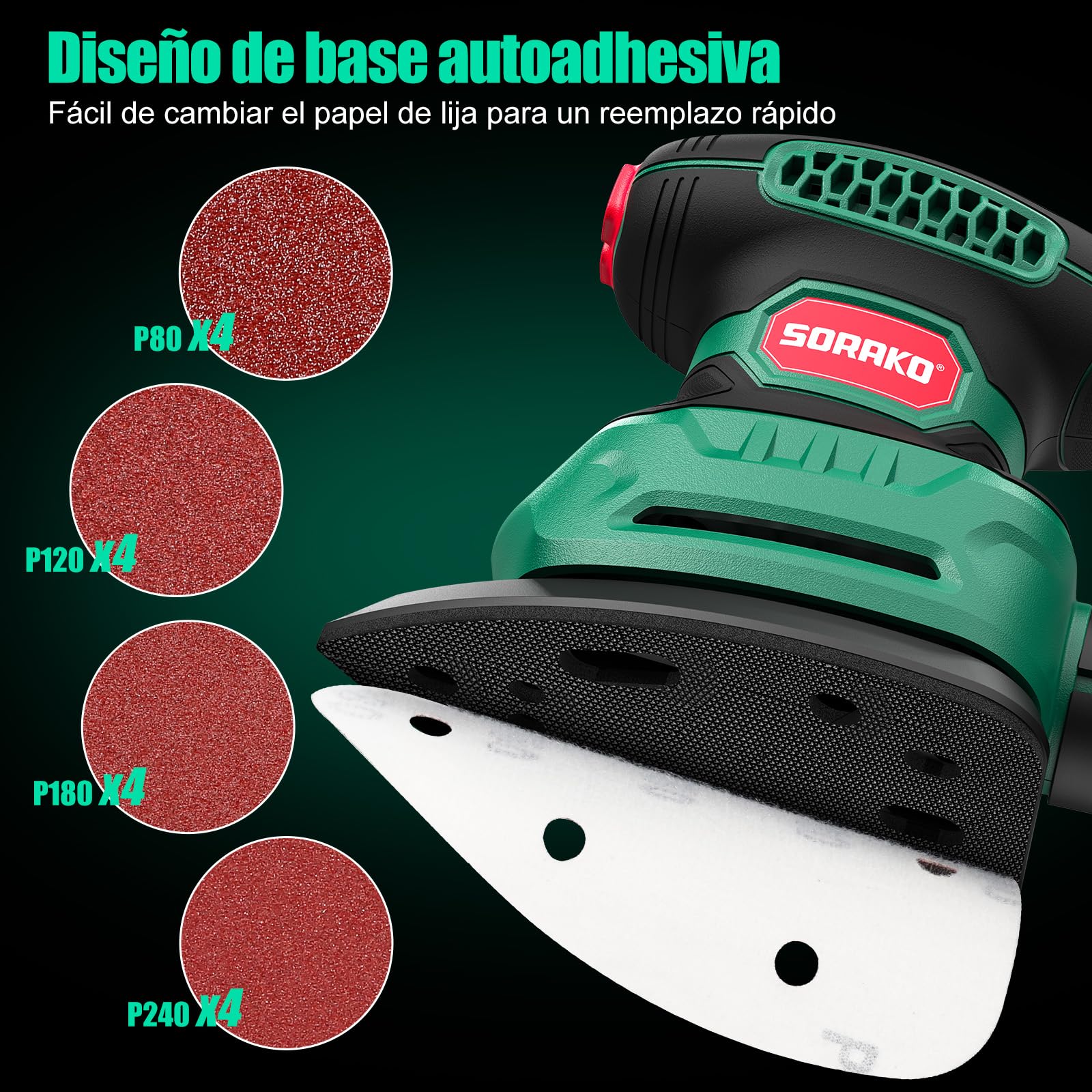 SORAKO Lijadora Madera 220W 14000 OPM Lijadora Electrica Con Bolsa Para Polvo Y 16 Hojas De Lija, Ideal Para Lijar Superficies De Madera Y Acero En Espacios Reducidos