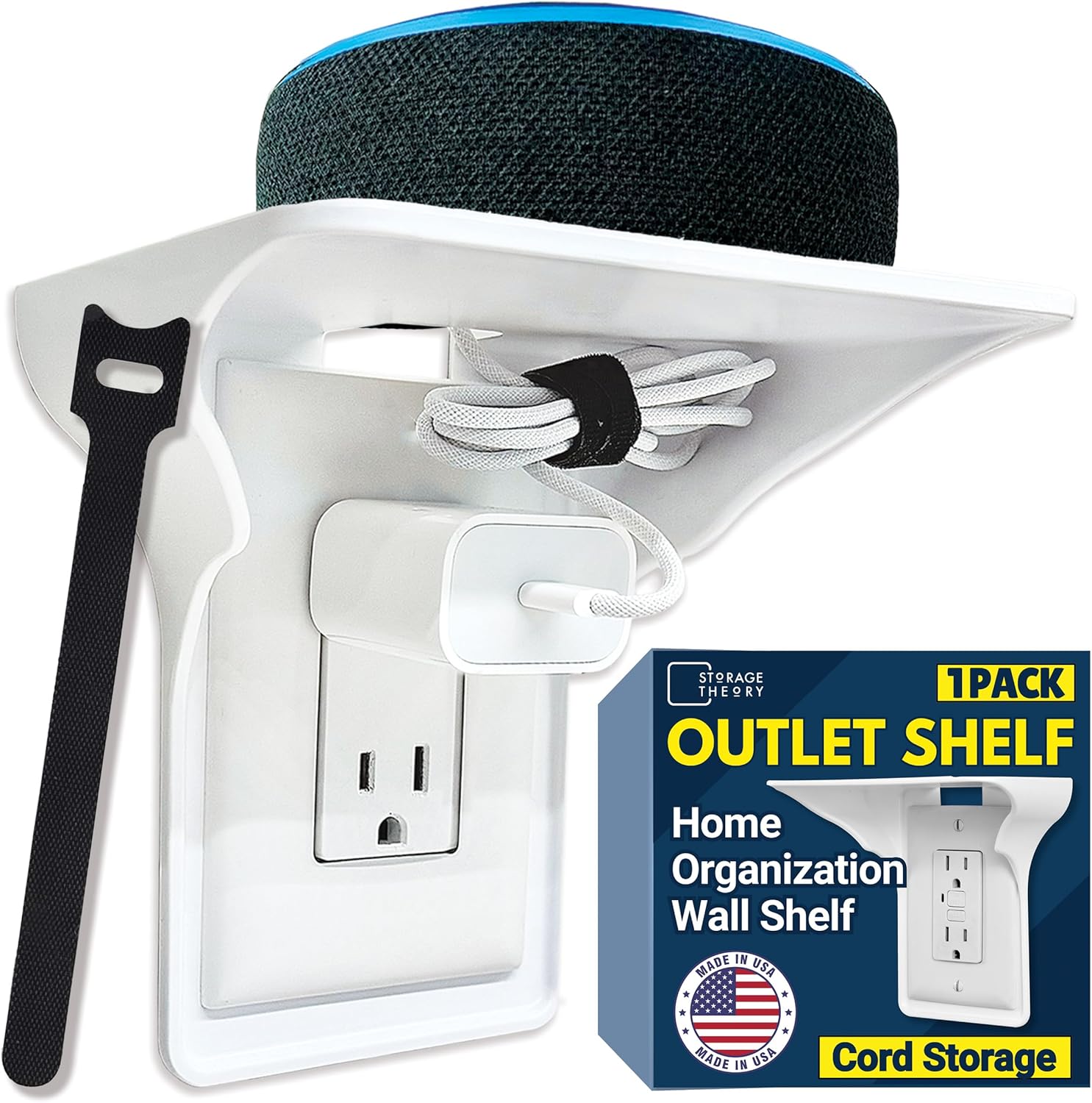 BeraTek Power Perch Wall Outlet Shelf with Cord Storage Strap - Small Wall Shelf Declutters & Reclaims Bathroom Counter Space - Alexa Echo Dot Stand, Apple Homepod Mini Wall Mount - White, 1-Pack