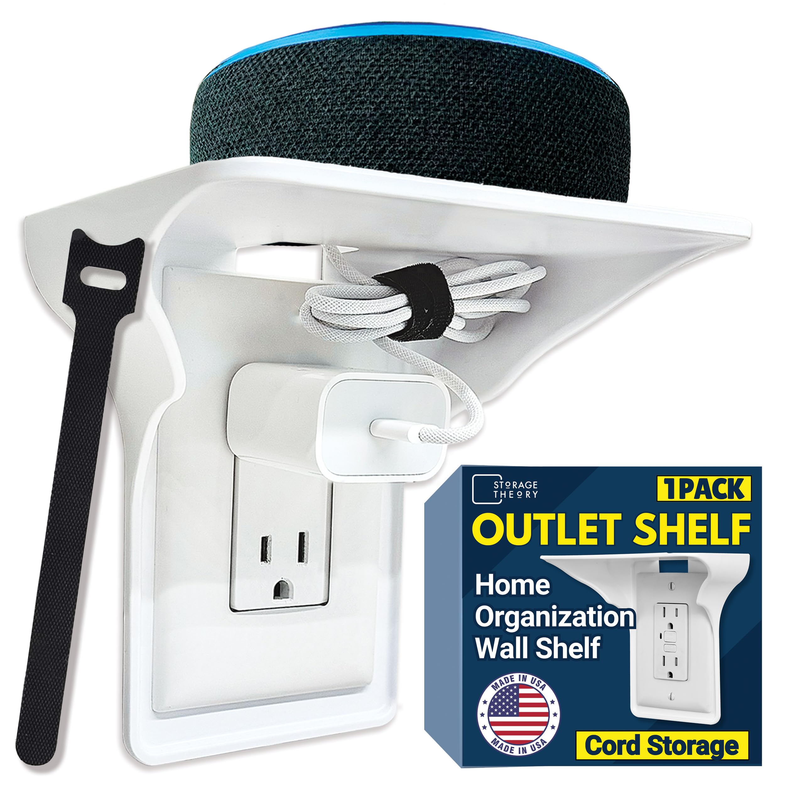 Power Perch Wall Outlet Shelf with Cord Storage Strap – Electric Toothbrush Holder for Bathroom Organization – Small Wall Shelf for Alexa Holder, Apple Homepod Mini Wall Mount – White, 1-Pack
