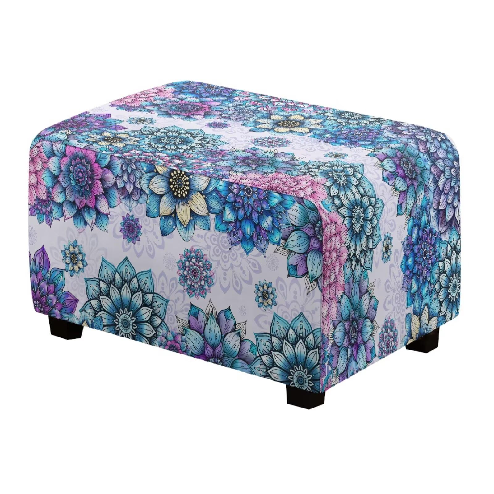 Cadowhimsy Purple Bohemian Flower Print Ottoman Covers Non-Slip Rectangle Storage Stool Cover Stretch Fabric Slipcovers for Footstool Footrest Protector with Elastic Band, L