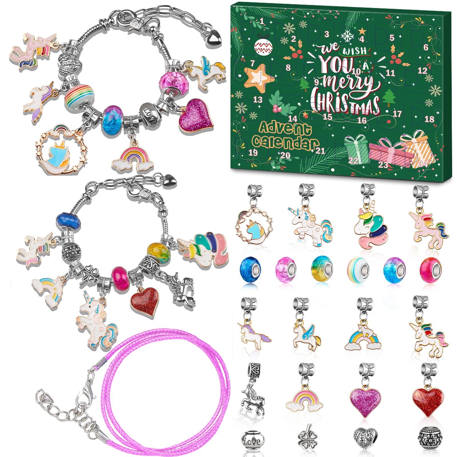 Advent Calendar 2025 Girls Unicorn Charm Bracelets Making Kit, 24 Days of Christmas Advent Calendars for Teens Kids Age 6-12, Unicorns Gifts for Girls 6 7 8-10 Girl Craft Toys Countdown Calender.
