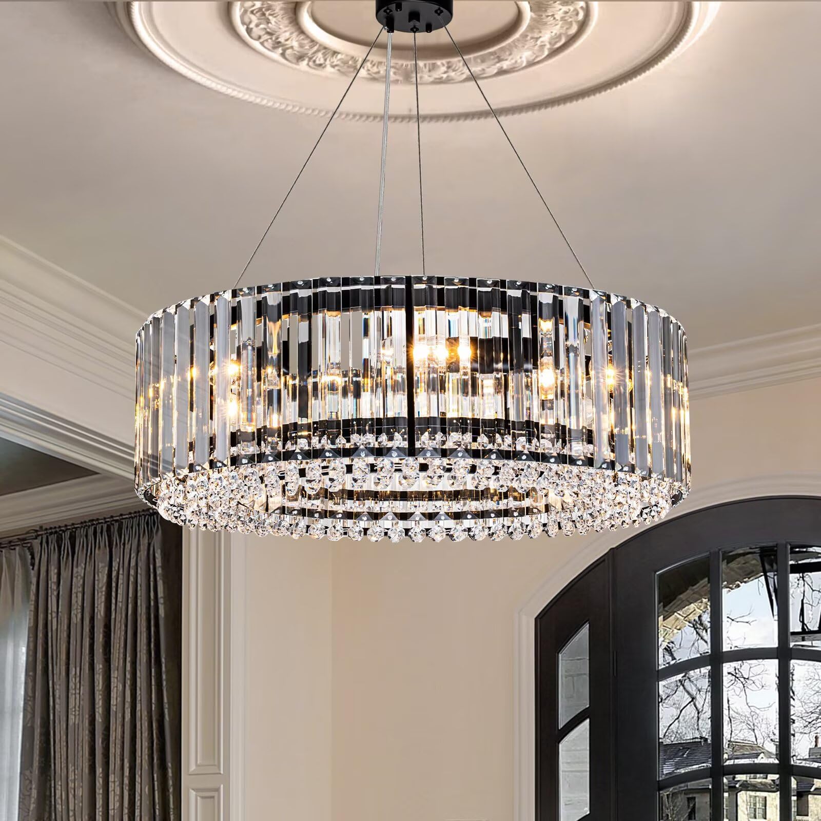 OYIPRO Modern Crystal Chandelier Black Metal 6 Lights Semi Flush Mount Round Ceiling Light for Dining Room Living Room Bedroom Kitchen D19.7’’ E12 Based