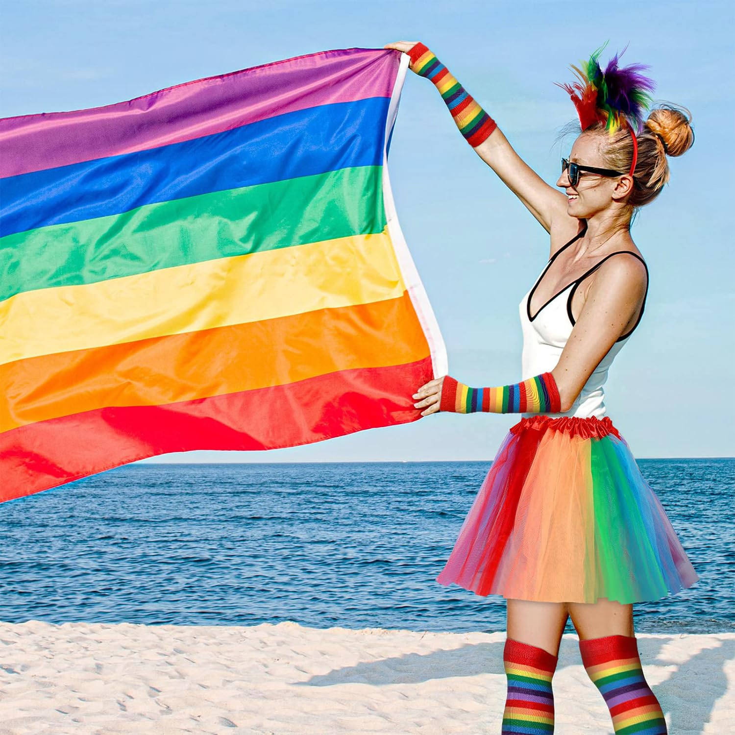 Gonna a tutù Arcobaleno da Donna,Tutu Arcobaleno Capelli con Piume Arcobaleno,Accessori da Donna Abbigliamento Neon Anni '80 Set,Gonna Tulle Donna per Festival,Carnevali,Gay Pride