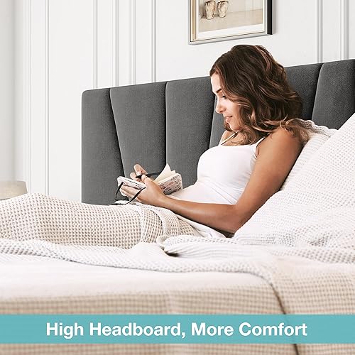 Miniatura 7 de IDEALHOUSE Base de cama tamaño Queen con 4 cajones de almacenamiento y cabecero, marco de cama tapizado con soporte de listones de madera, no