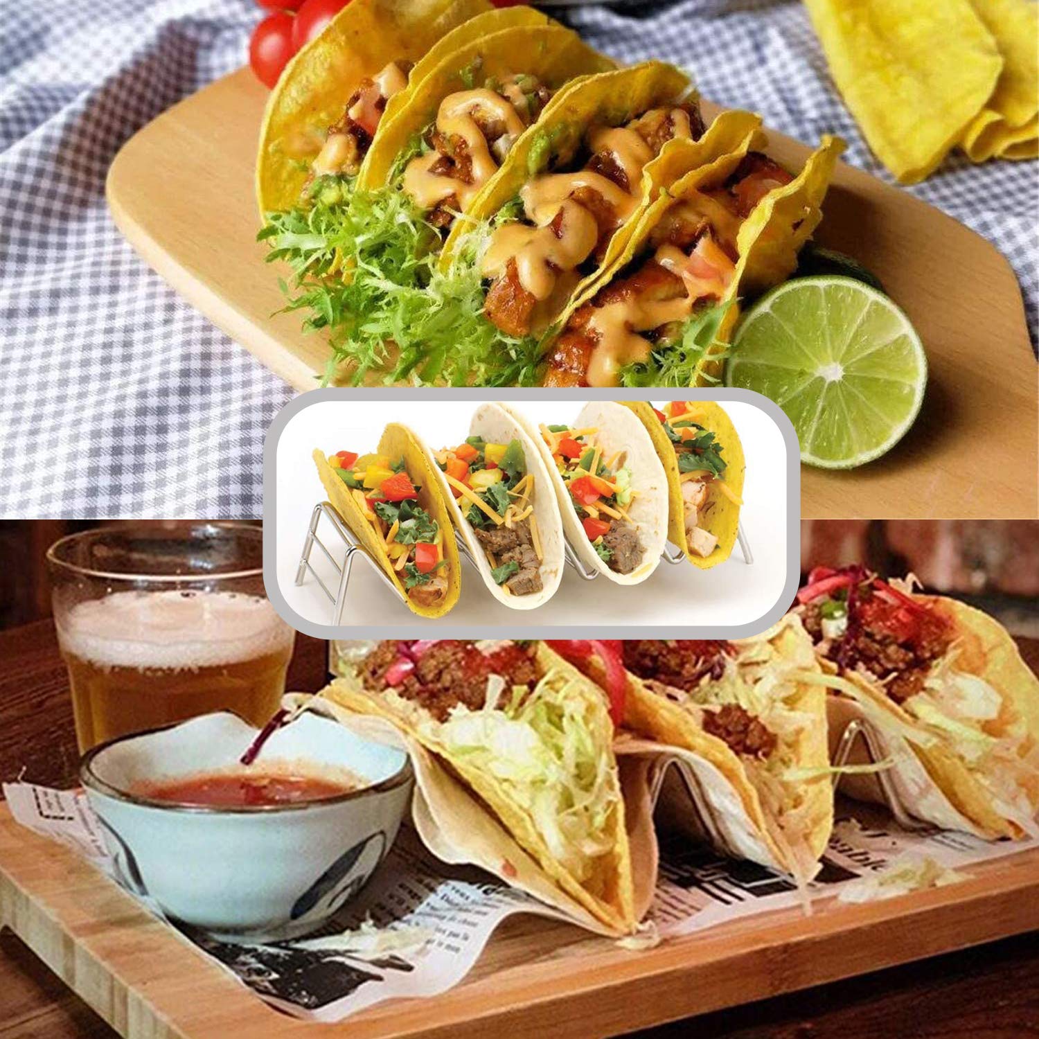 Set Porta Tacos 4 Pezzi In Acciaio Inox - Per Ristorante E Casa, Con Maniglie Per Servire Facilmente - Foto 3