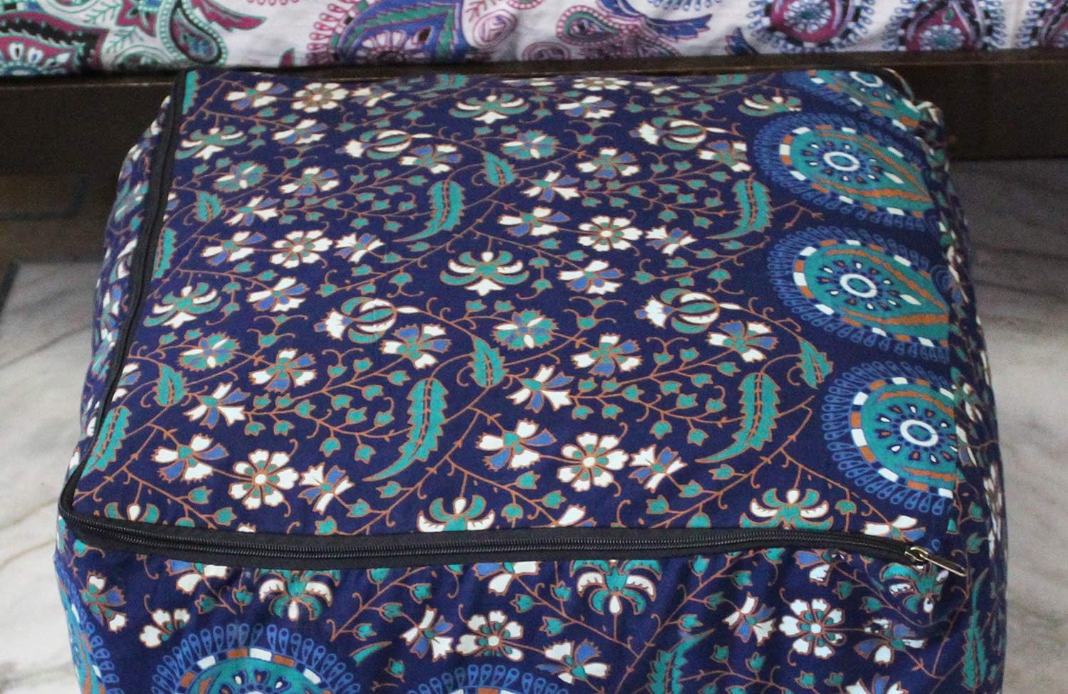CRAFT KALA Indian Square Patchwork Traditional Pouf Cover Indian Living Room Pom Poufs Cover Decorative Designer Ottoman Home Living Footstool Chair Cover Ottoman Decor 18X18X14 inches, Blue Mirchi