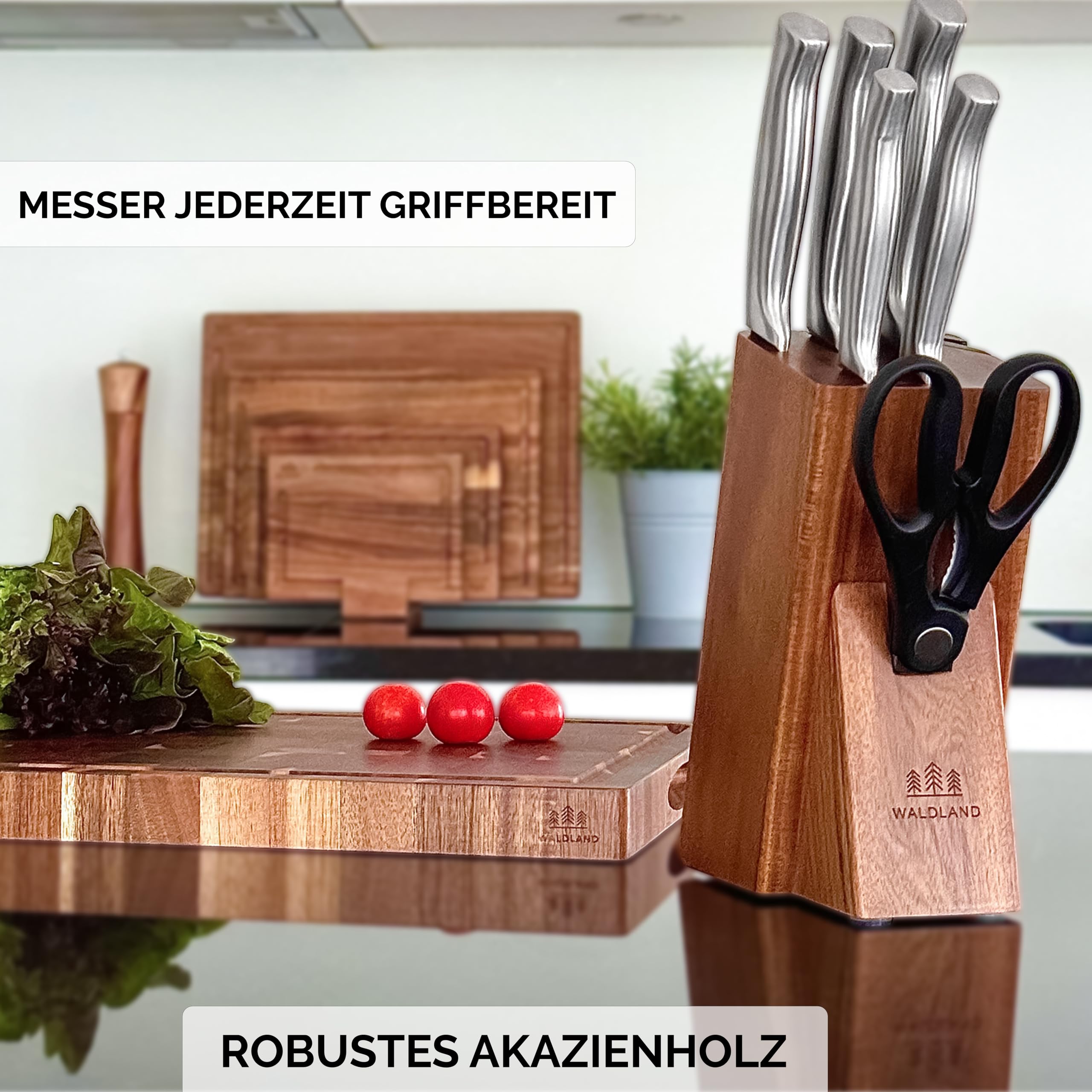 WALDLAND Premium Messerblock mit Messer – 7 teiliges Messerset I Messerblock mit Küchenmesser Set und integriertem Messerschärfer I robustes Akazienholz I Messer Set I Knife Set (Akazienholz)
