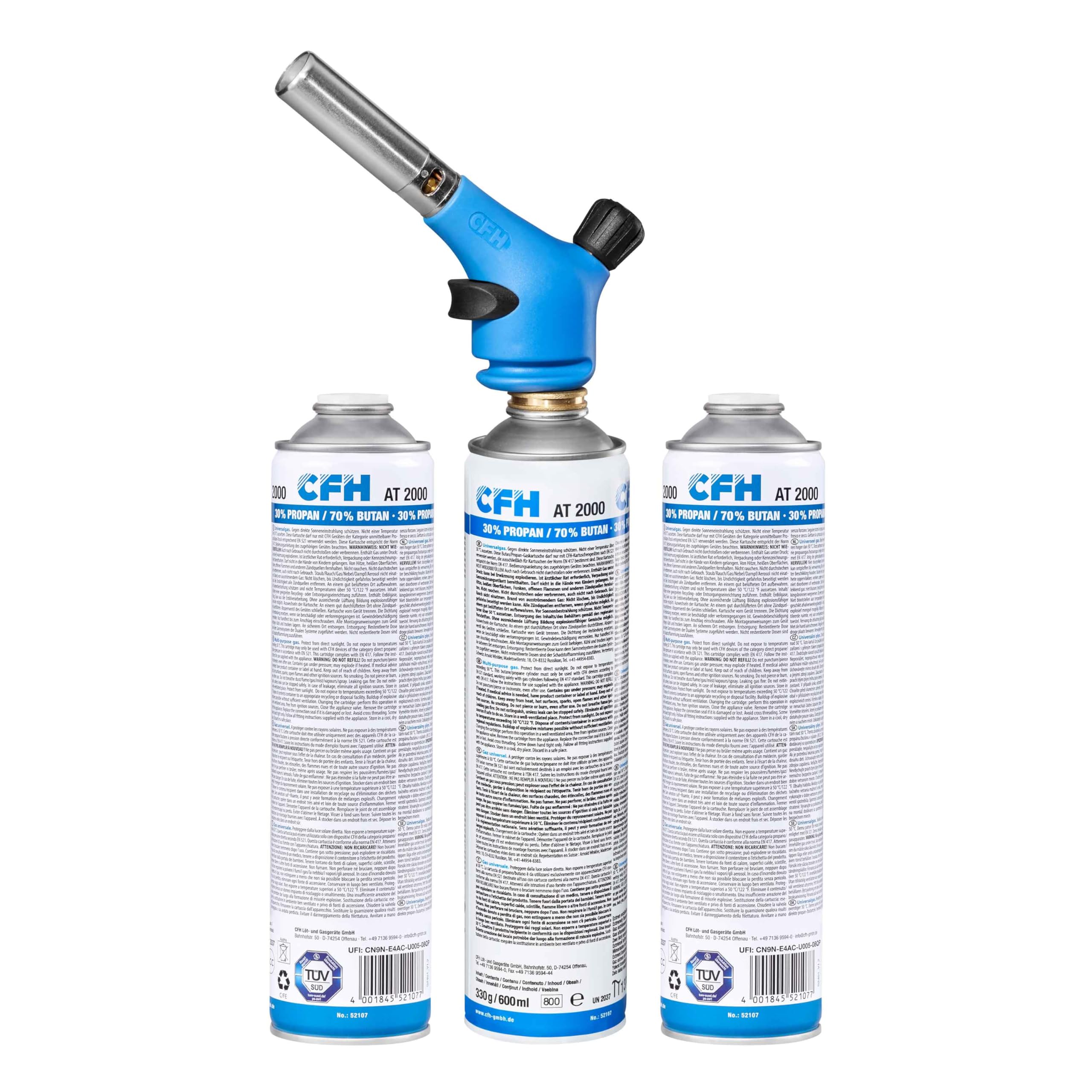 CFH Profilötgerät TS 1800 - Set mit 3x Gasdosen AT 2000, Leistungsstarkes Vielzweck Gas Lötgerät mit Piezozündung und Ø 20 mm Spezialbrenner, Lötbrenner zum Hartlöten und Weichlöten