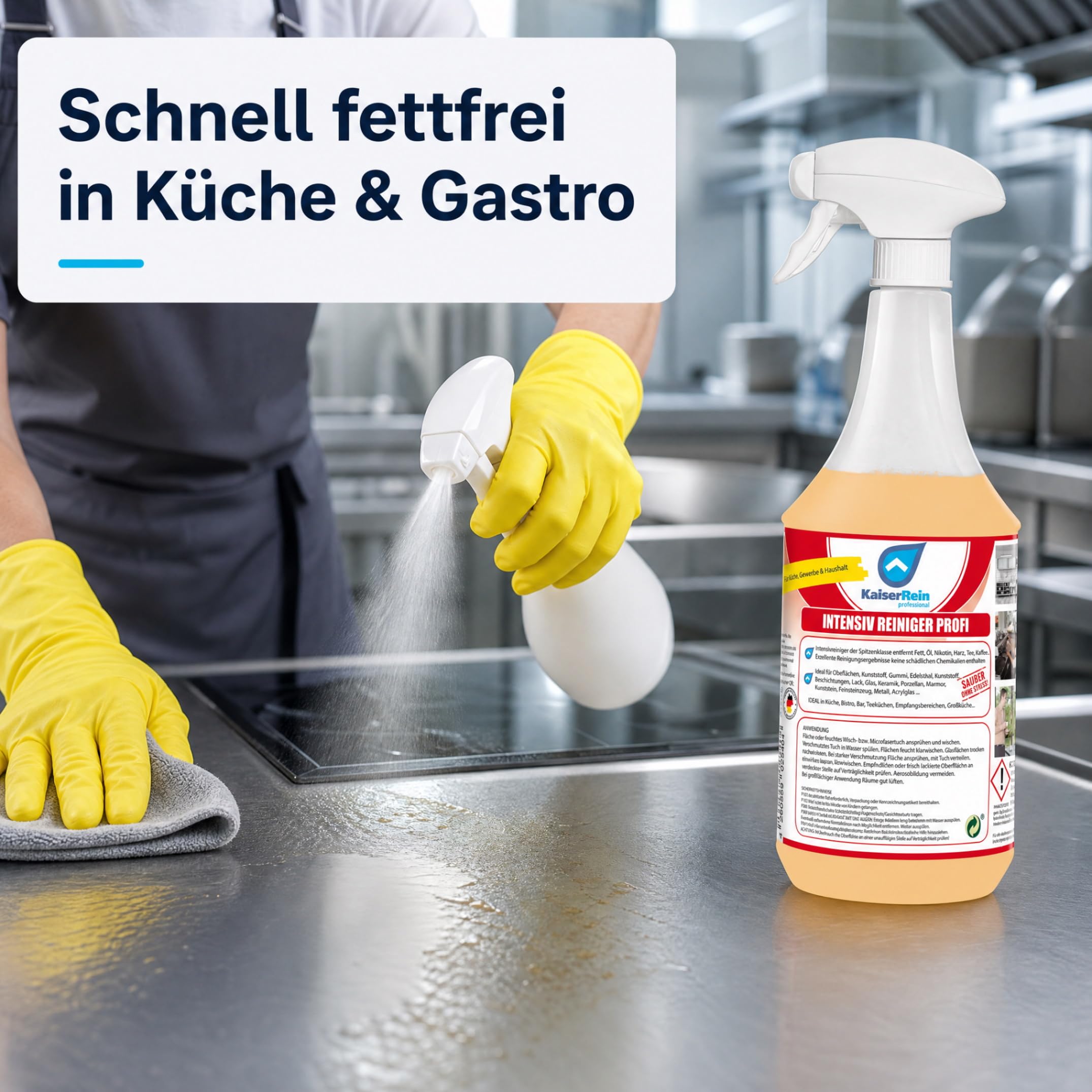 KaiserRein Intensivreiniger Küchenreiniger 3x 1L – Profi Fettlöser Spray – Kraftvolle Reinigung für Küche, Grill, Arbeitsflächen & Edelstahl – Entfernt Fett und hartnäckige Verschmutzungen