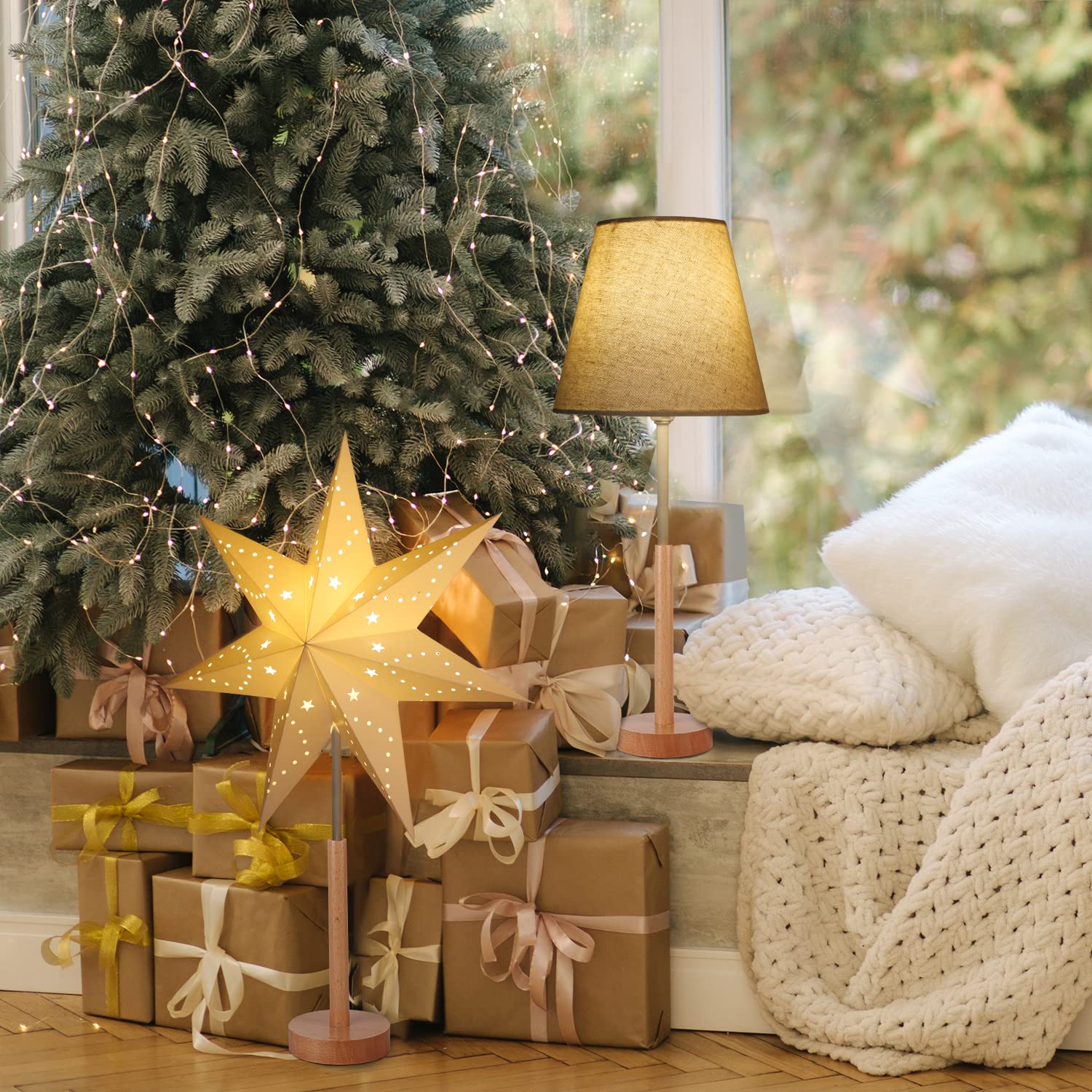 SALCAR LED Tischlampe mit Weihnachtsstern, 3D Adventsstern beleuchtet aus Papier mit Holz-Sockel / E14 Lampe, Weihnachtsdeko Tisch mit Wechselschirm, 45cm Papierstern Weiß und Lampenschirm Warm