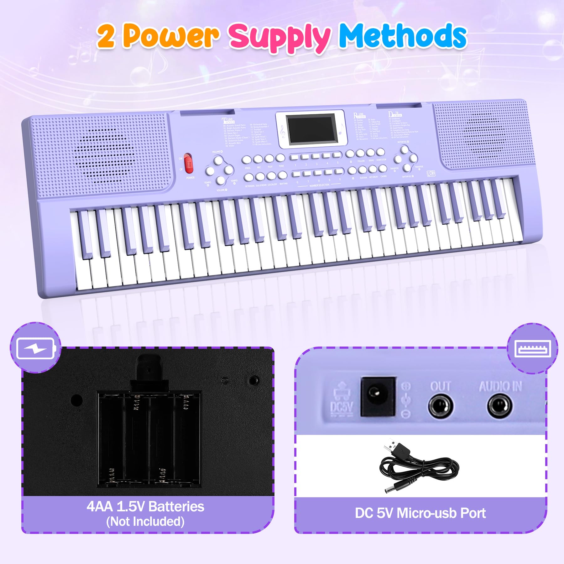 Piano Keyboard, 61 Key Upgrade Kids Pianos Music Toy with Light-up Keys & Pro Teaching Modes, Dual Speaker, 70 Demos,100 Tones, 100 Rhythms Perfect Christmas/Birthday Gift for Kids (Purple)
