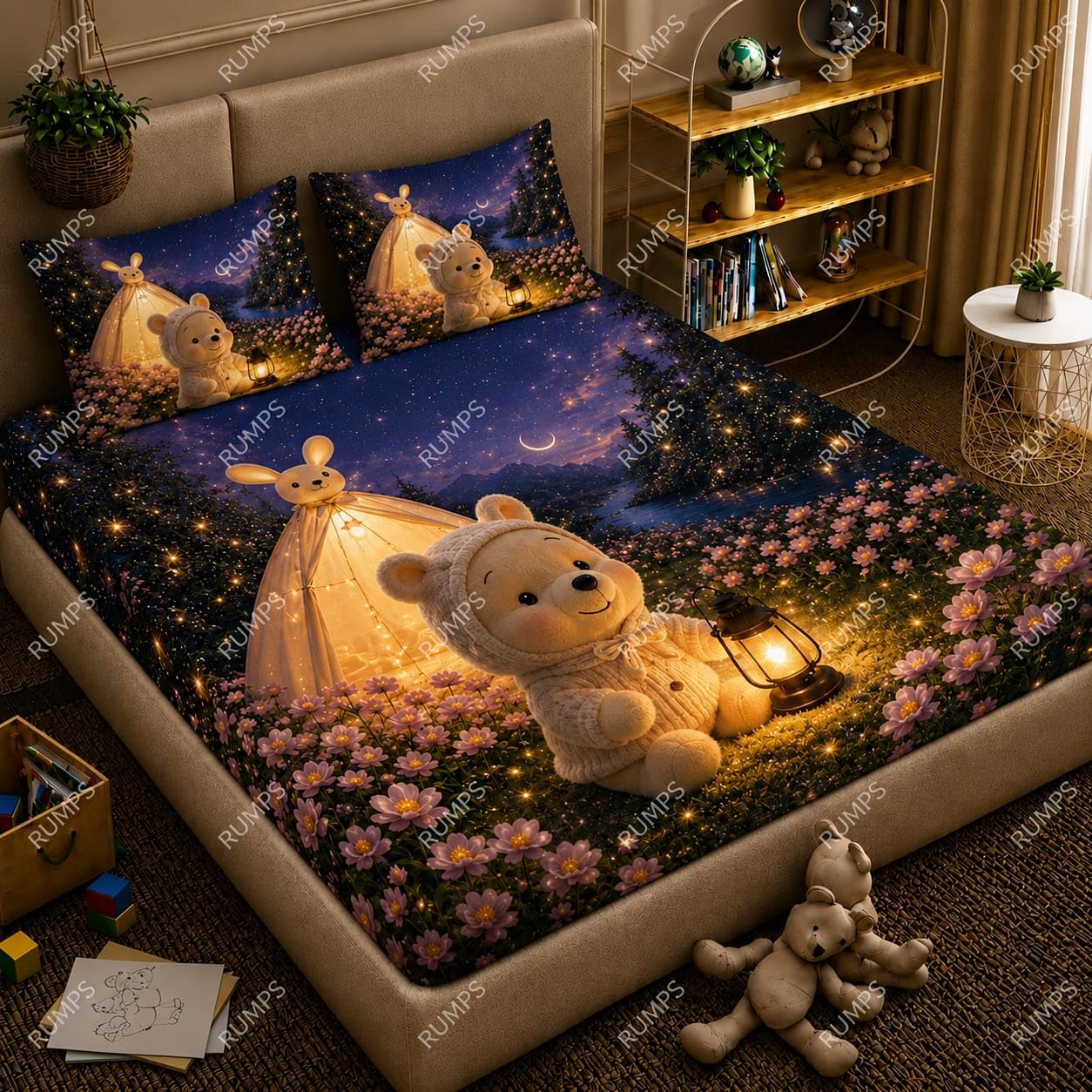 RUMPS 7D Digital Printed King Size Bedsheet | Premium Microfiber Bedding Set with 2 Pillow Covers, Magical Night Teddy Bear & Tent Theme
