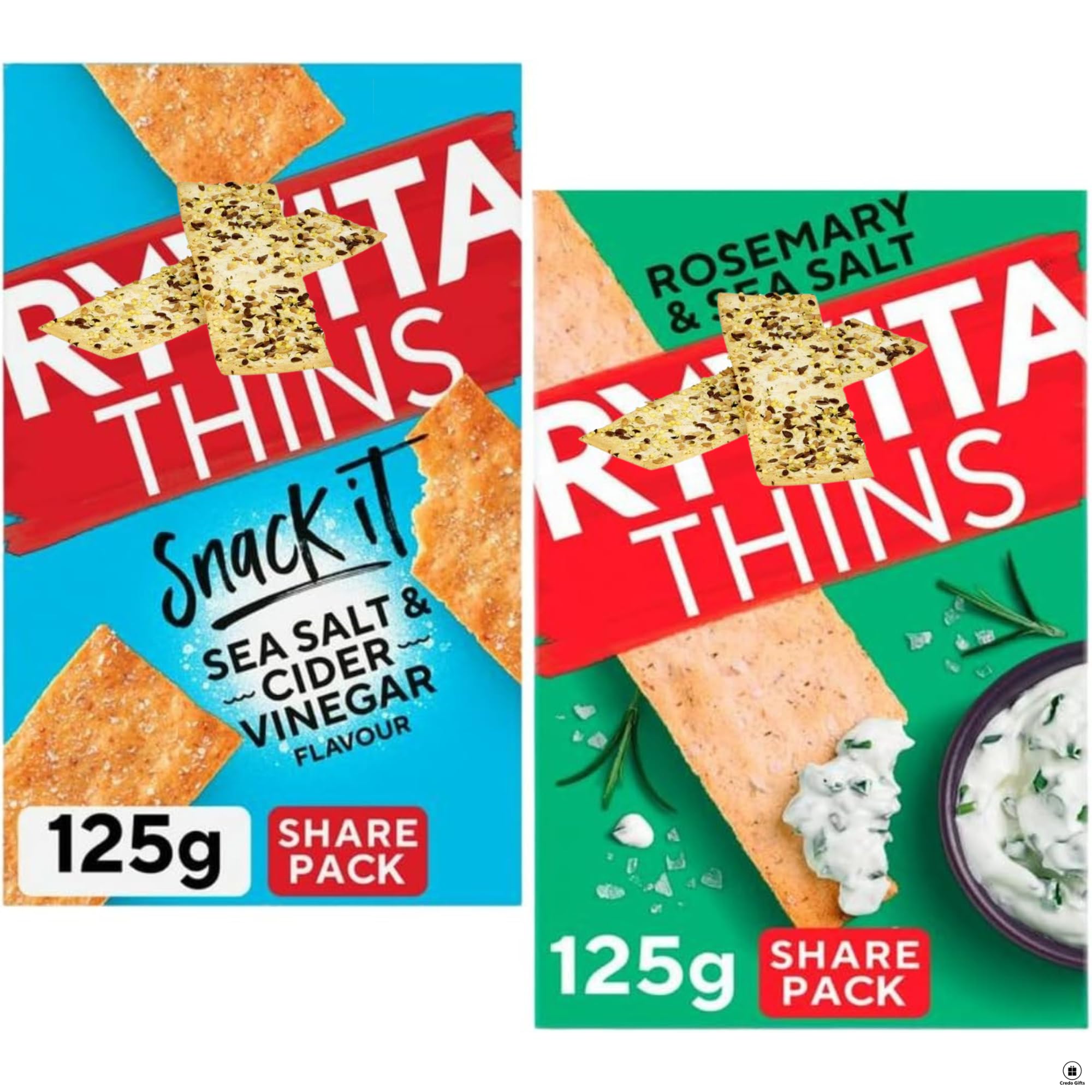 Flatbread Crackers Bundle With Ryvta Thins Sea Salt & Cider Vinegar Flatbread 125g and Thins Rosemary & Sea Salt Flatbread Crackers 125g (2 Pack)