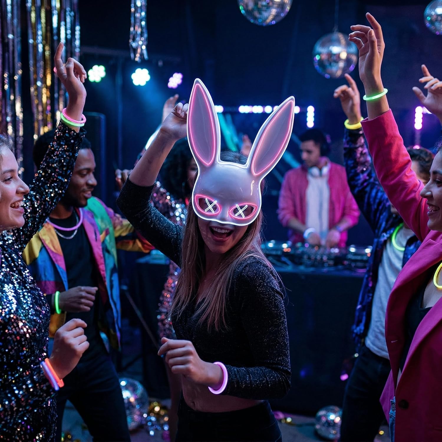 Bunny Half Face Mask, Glowing Rabbit Mask Accessory for Halloween Party Supplies Pink and White Lights image 2