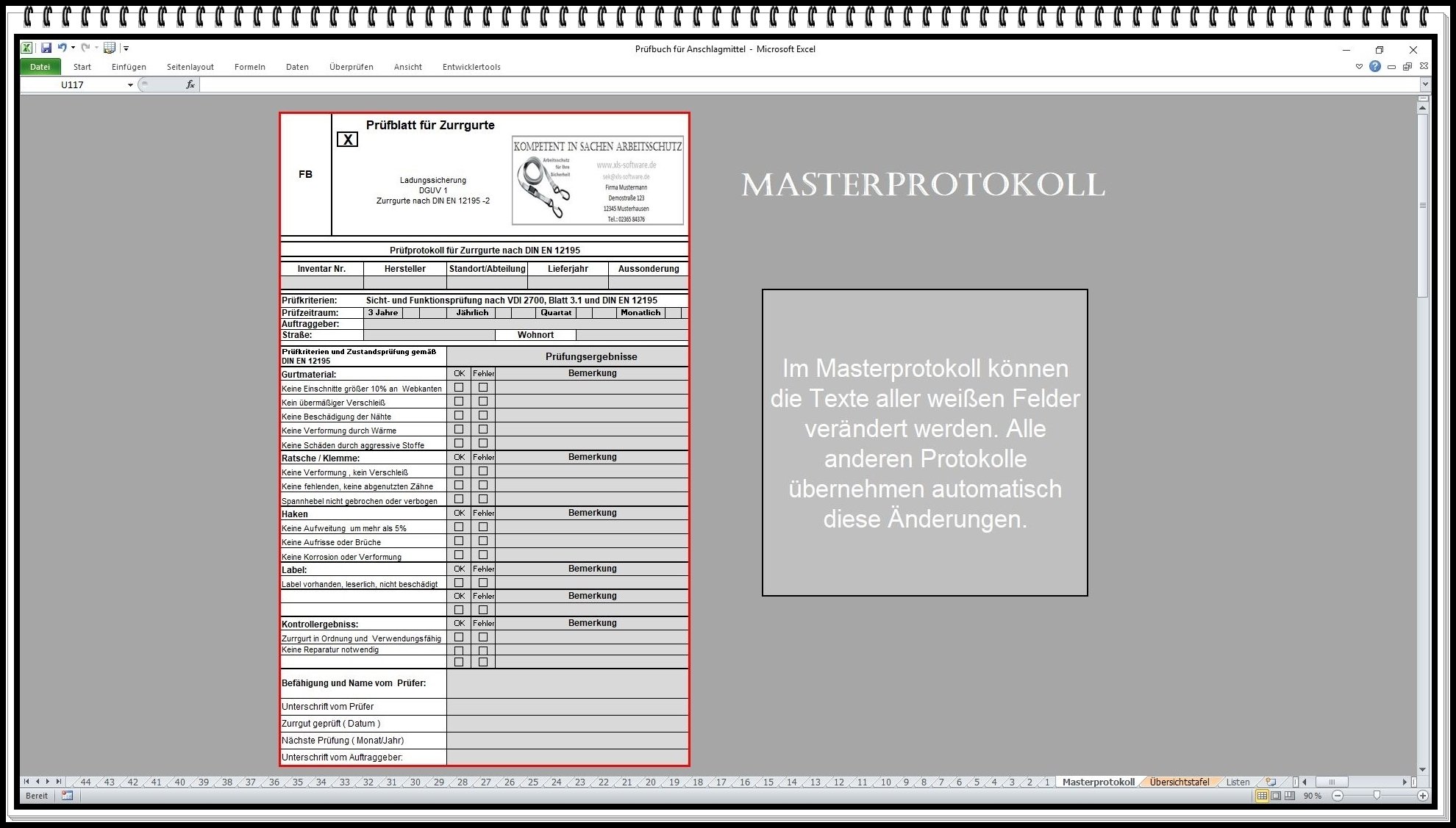 Prüfbuch für Anschlagmittel Dokumentation der Prüfung Nach DGUV 100-500 Zurrgurte, Rundschlinge, Zurrketten, Hebebänder, Spanngurte prüfen. | Prüfungen dokumentieren, Prüffristen überwachen und Anschlagmittel sicher verwalten.