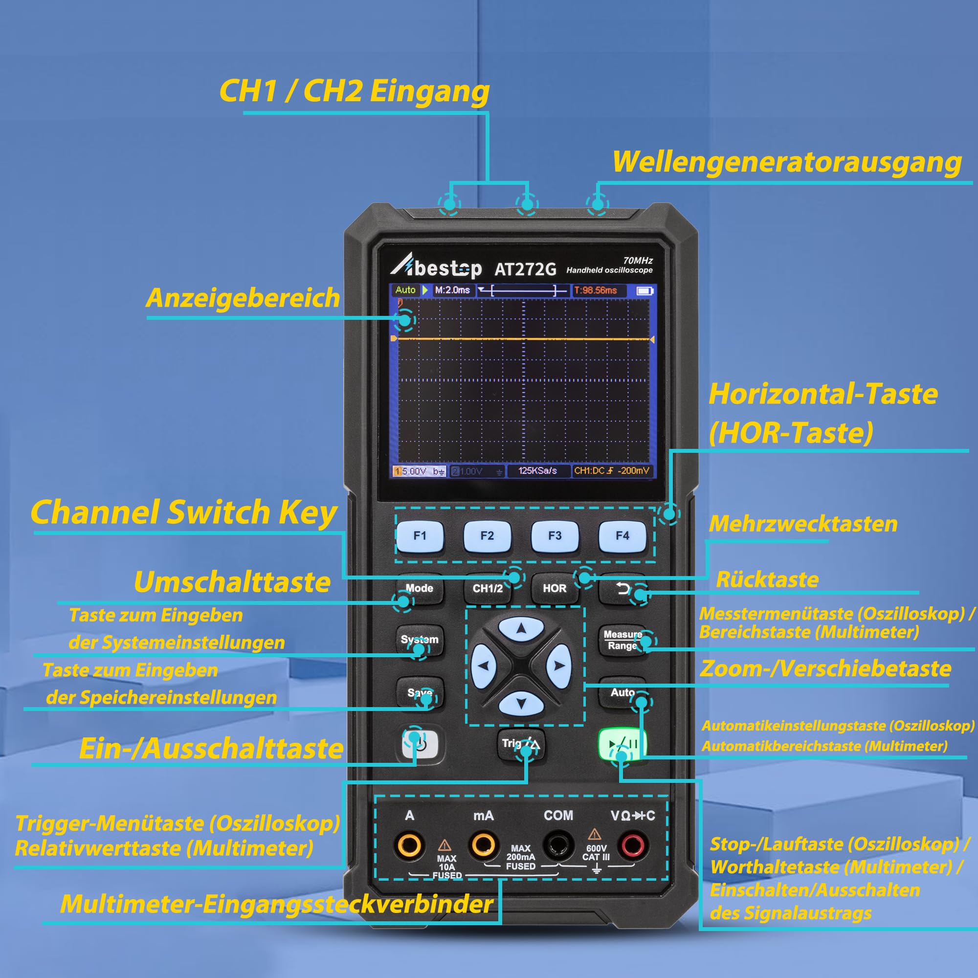 Osciloscopio digital Abestop AT272G de mano de 70 MHz osciloscopio de 2 canales y multímetro de contador de 20.000 funciones 3 en 1 con generador de forma de onda de 1 canal para medición automática