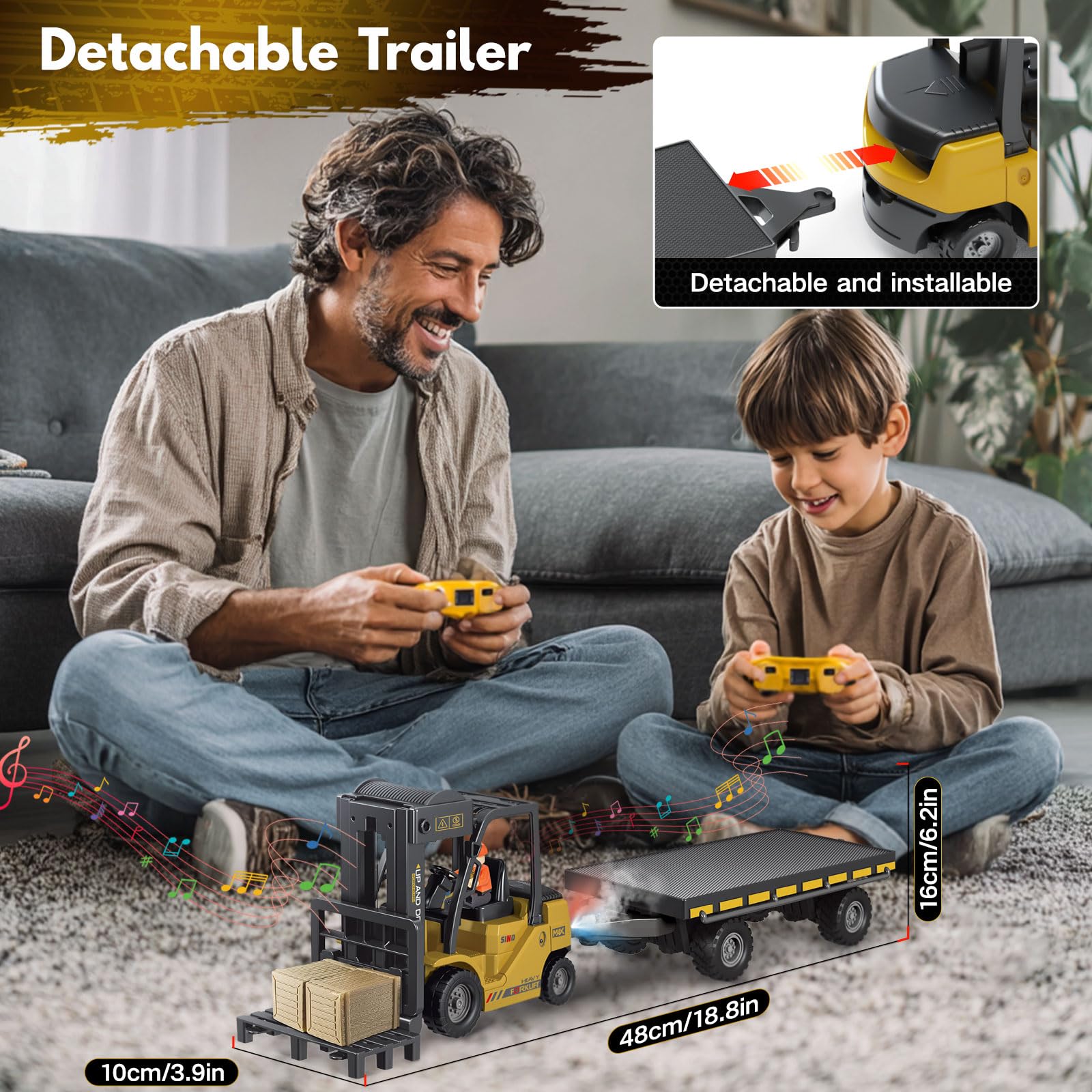 Carrello Elevatore Telecomandato 1:24 con Rimorchio, Nebbia, Luci e Suoni, Modalità Gru, 2 Batterie – Muletto Giocattolo Radiocomandato RC per Bambini 3+, Regalo Divertente per Compleanno e Feste