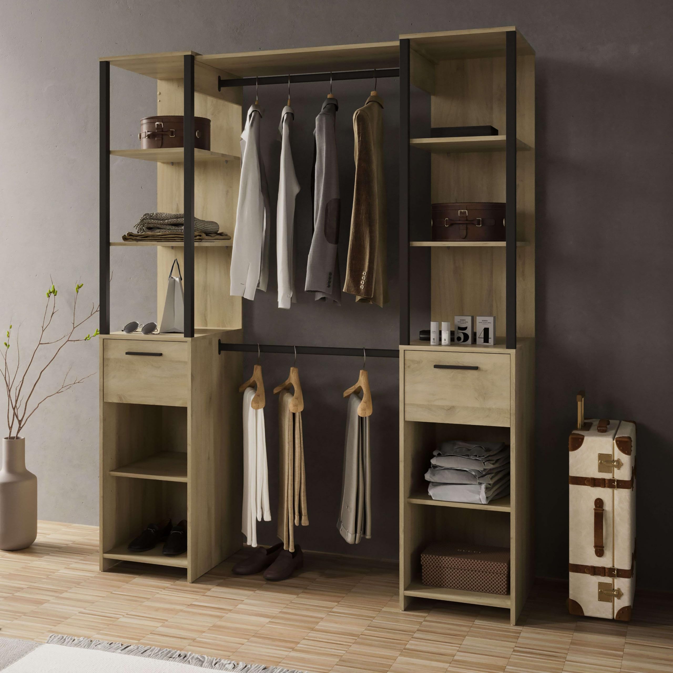 Miroytengo Vestidor Gary 2 Columnas Estilo Industrial Armario Abierto Color Roble Kronberg y Negro 160x200 cm