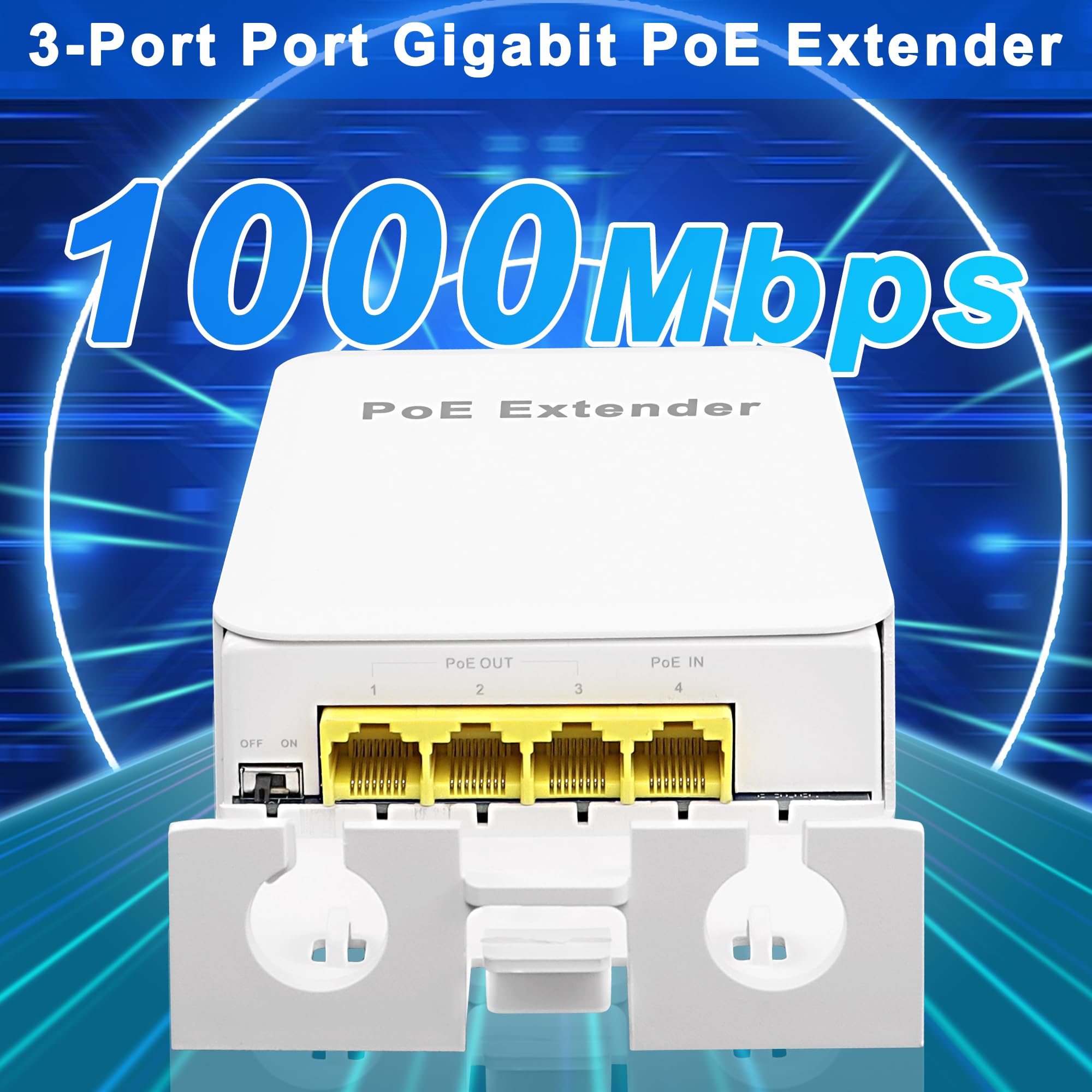 MEIRIYFA Gigabitowy przedłużacz zewnętrzny 4-portowy przełącznik PoE IEEE 802.3 af/at, 1000 Mb/s 1 PoE w 3 wyjścia, wodoodporny 30 W 100 m mocy i danych do wtryskiwacza PoE
